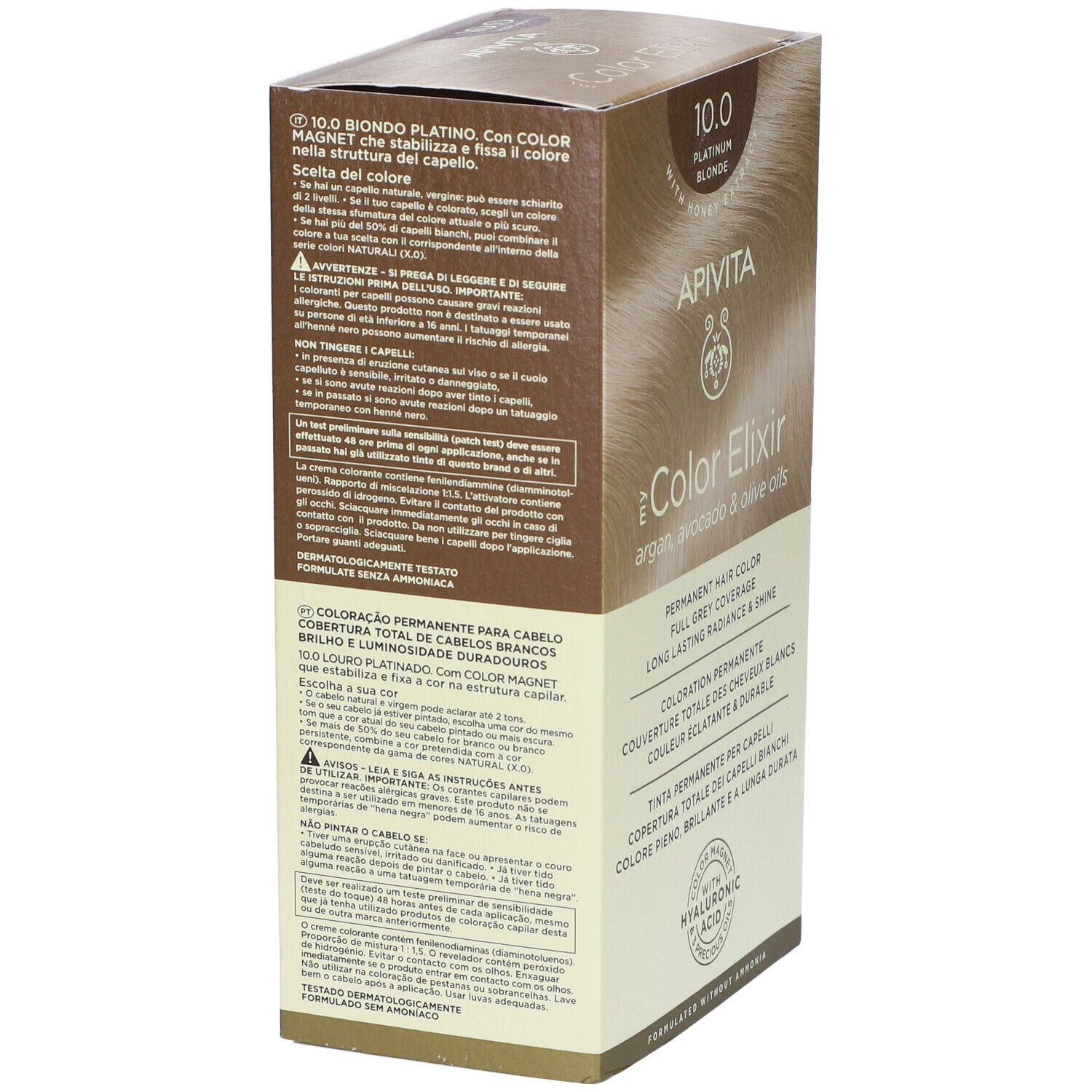 Retro della confezione. Testo multilingue con istruzioni e ingredienti. Marca: APIVITA. 10.0 Biondo Platino.
