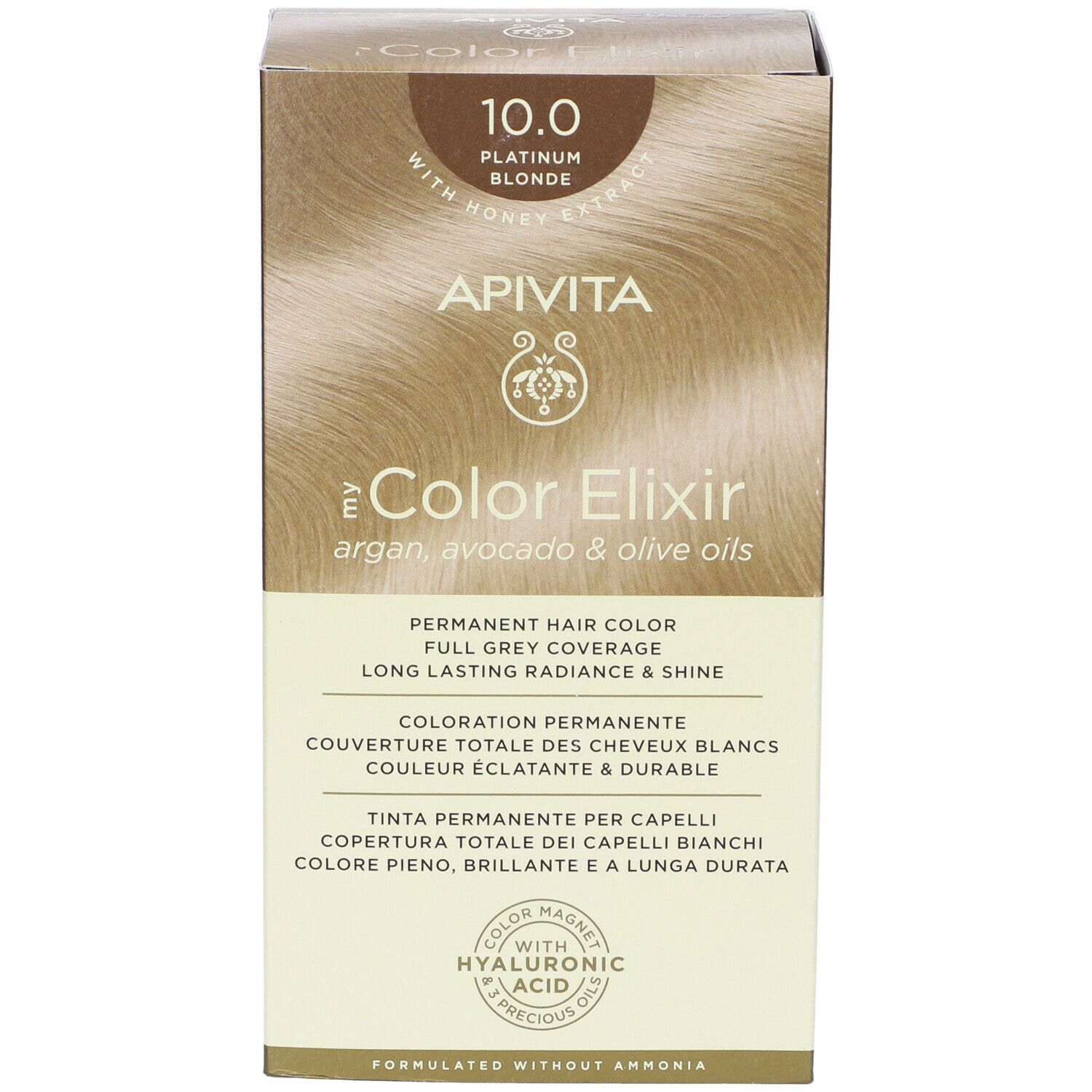 Fronte della confezione APIVITA eColor Elixir 10.0 Biondo Platino. Colore permanente per capelli. Contiene olii.