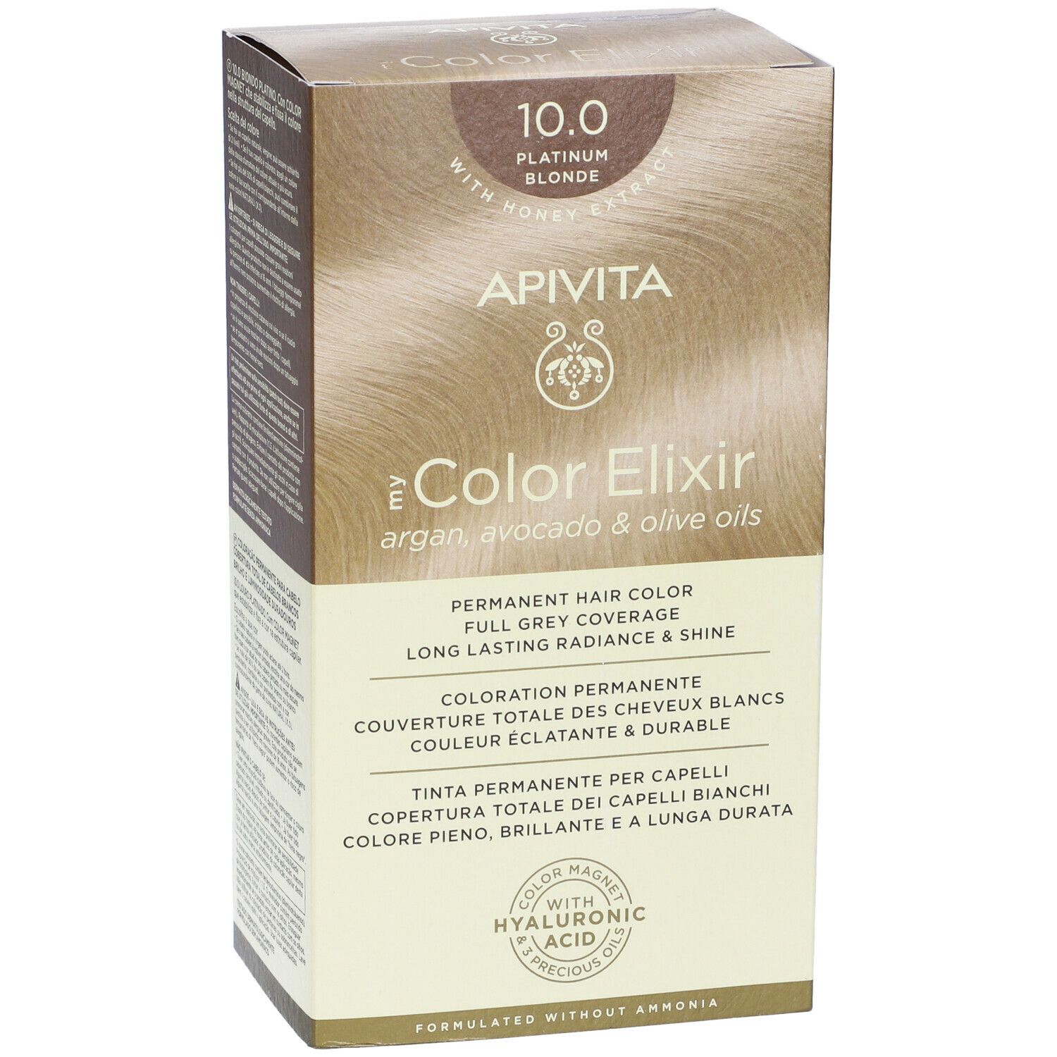 Fronte della confezione APIVITA eColor Elixir 10.0 Biondo Platino. Colore permanente per capelli. Contiene olii.