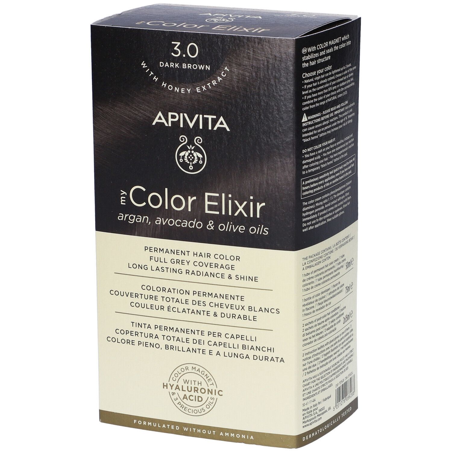 APIVITA eColor Elixir 3.0 Castano Scuro. Scatola con informazioni sul prodotto. Fronte con nome, colore, ingredienti e logo.