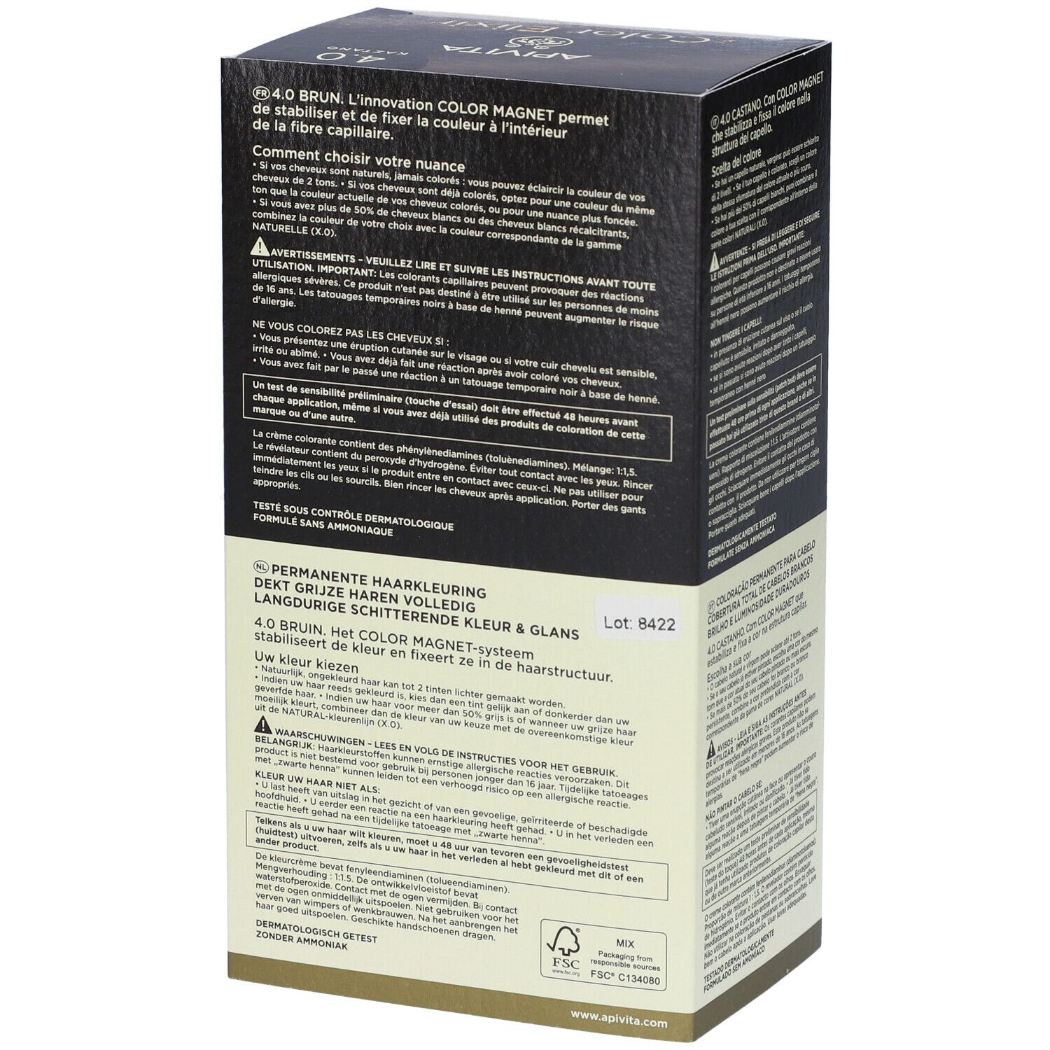 APIVITA My Color Elixir 4.0 Castano. Confezione con testo. Scritta: 4.0 Brun, Color Magnet, colorazione permanente, testato dermatologicamente.
