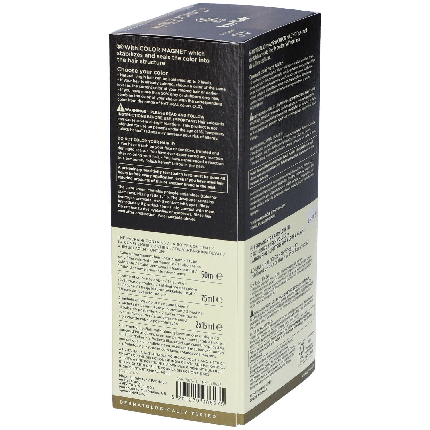 APIVITA My Color Elixir 4.0 Castano. Confezione con testo. Scritta: Contenuto, 50ml, 75ml, 2x15ml, testato dermatologicamente.