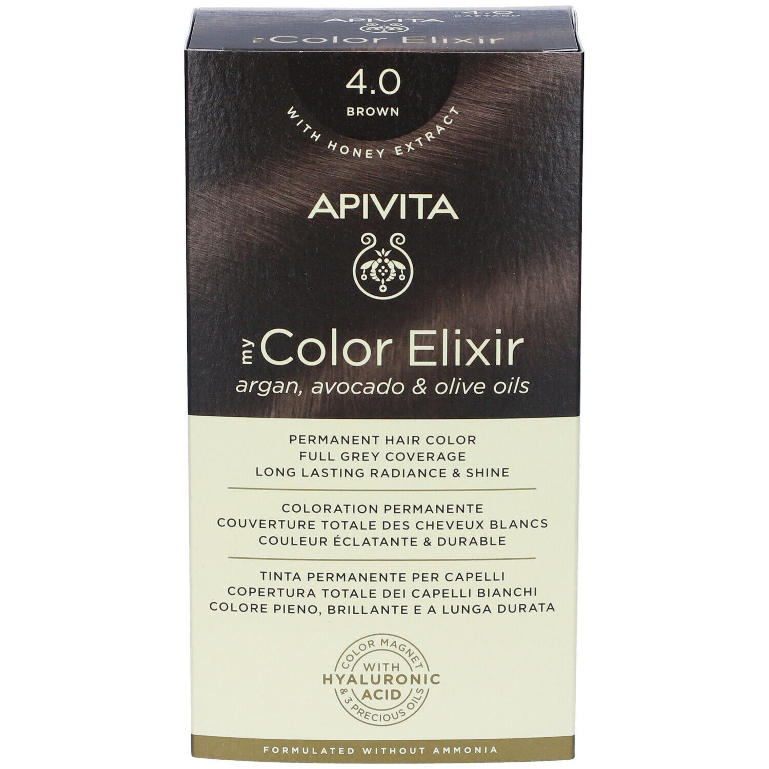 APIVITA My Color Elixir 4.0 Castano. Confezione di tinta per capelli. Scritta: 4.0 Brown, Color Elixir, Argan, Avocado & Olive Oils, colorazione permanente.