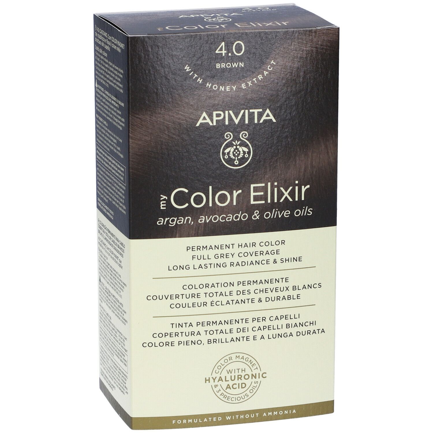 APIVITA My Color Elixir 4.0 Castano. Confezione di tinta per capelli. Scritta: 4.0 Brown, Color Elixir, Argan, Avocado & Olive Oils, colorazione permanente.
