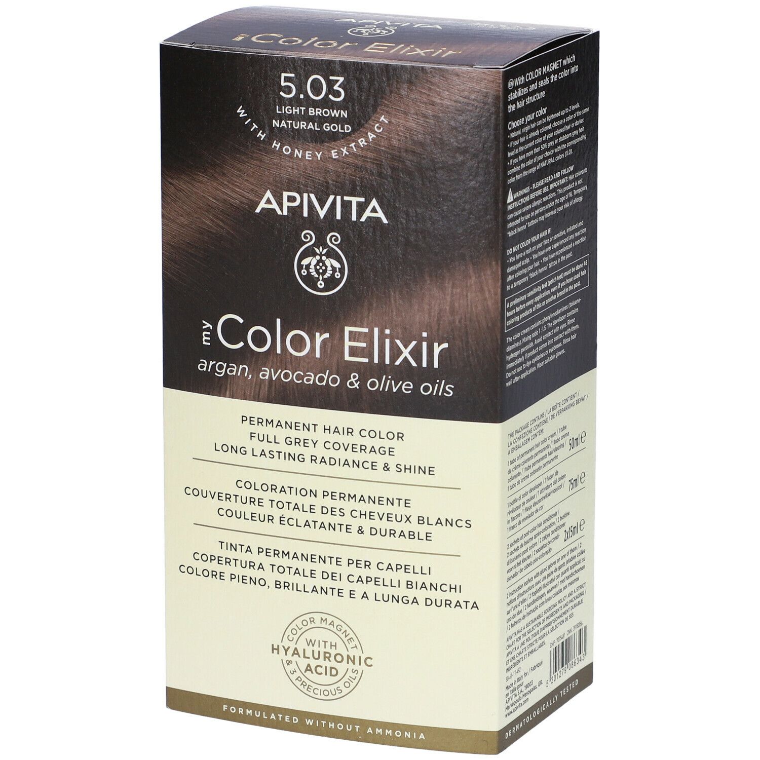Scatola di tinta per capelli APIVITA My Color Elixir 5.03. Castano chiaro dorato naturale. Con estratto di miele. Tinta permanente.