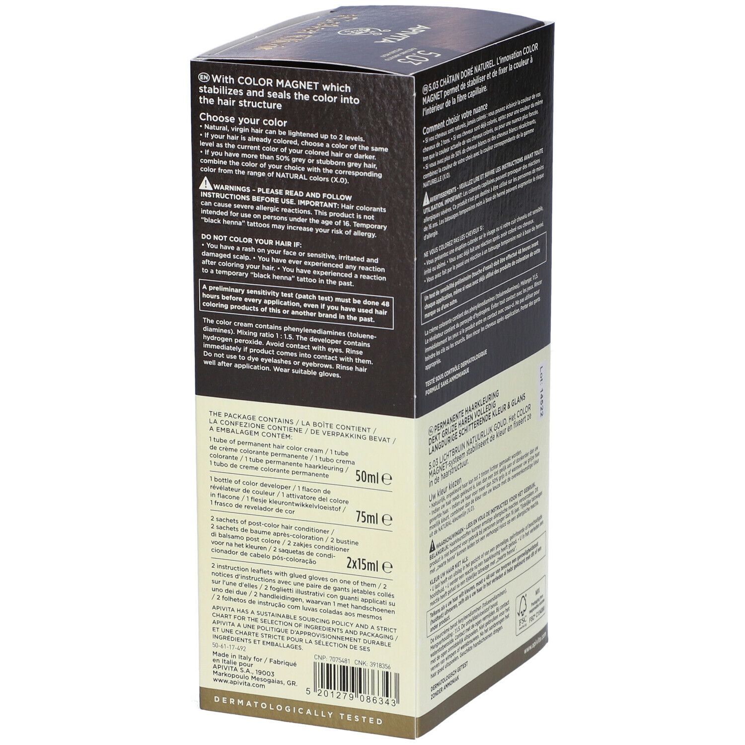 Lato della scatola di tinta per capelli APIVITA My Color Elixir 5.03. Contiene informazioni sugli ingredienti e l'uso.
