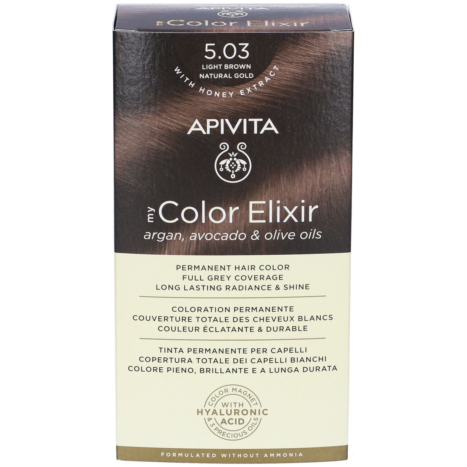 Scatola di tinta per capelli APIVITA My Color Elixir 5.03. Castano chiaro dorato naturale. Con estratto di miele. Tinta permanente.