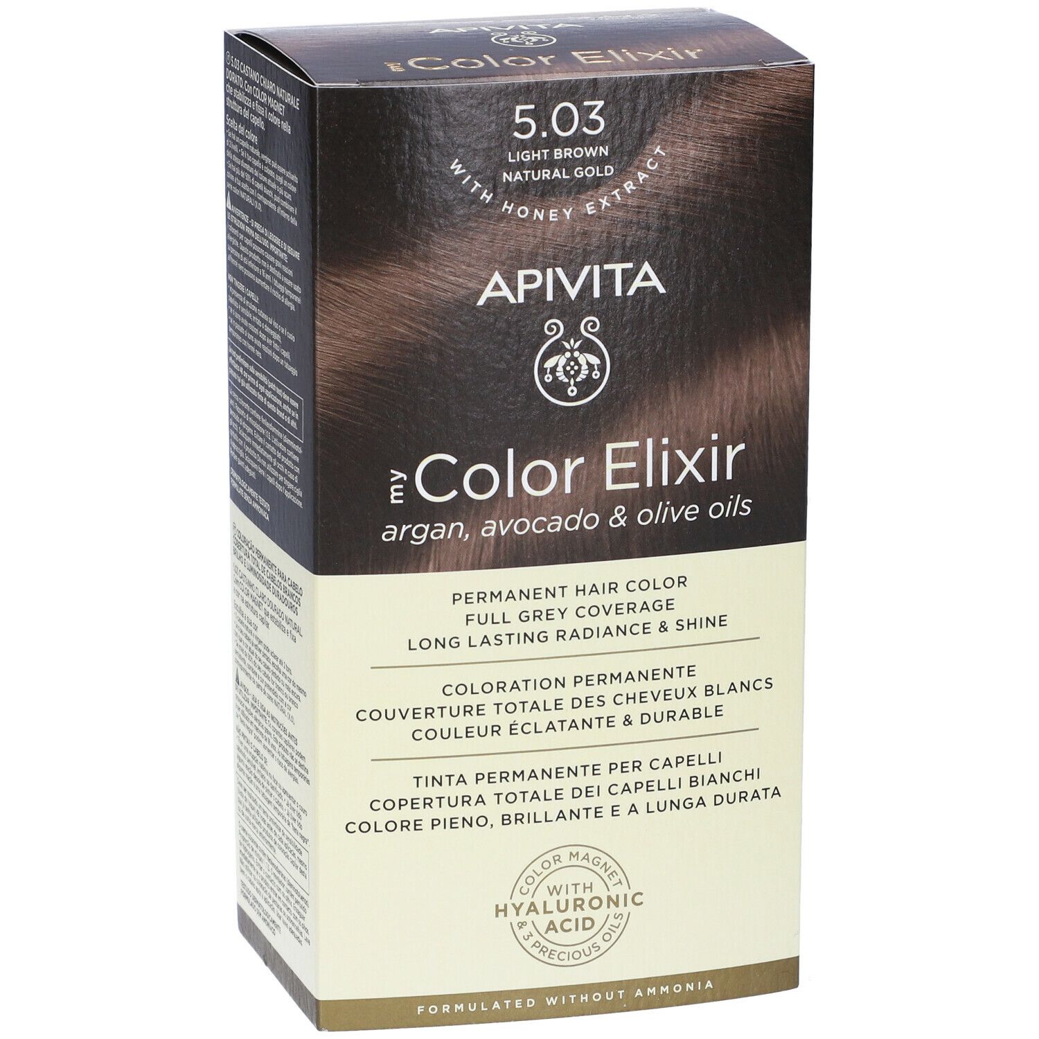 Scatola di tinta per capelli APIVITA My Color Elixir 5.03. Castano chiaro dorato naturale. Con estratto di miele. Tinta permanente.