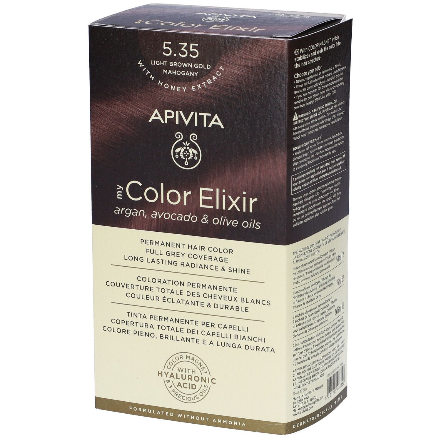 APIVITA My Color Elixir. Confezione con informazioni sul prodotto. Tinta 5.35, castano chiaro dorato mogano.