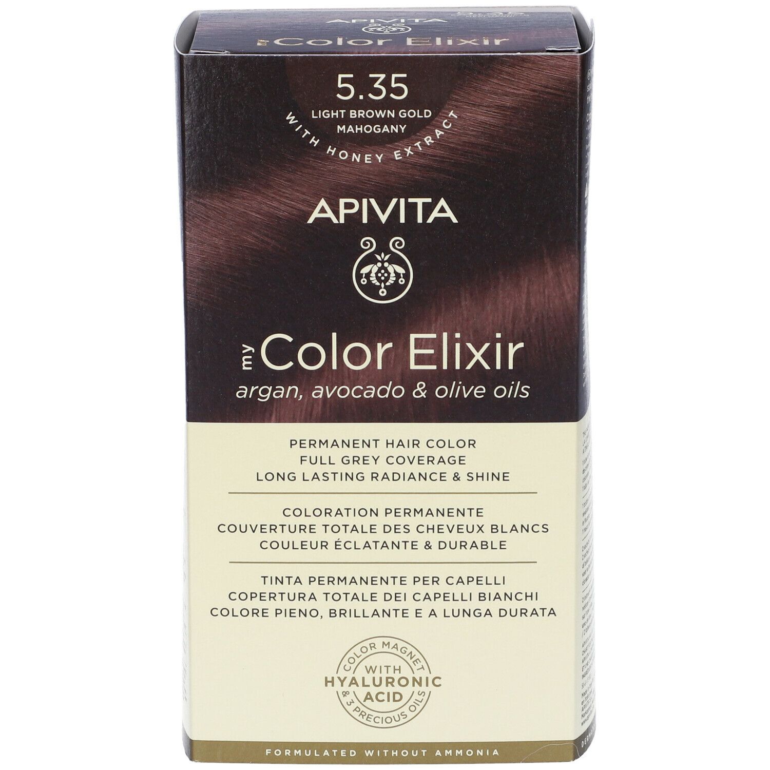 APIVITA My Color Elixir. Vista frontale della confezione. Tinta 5.35, castano chiaro dorato mogano. Colorazione permanente.