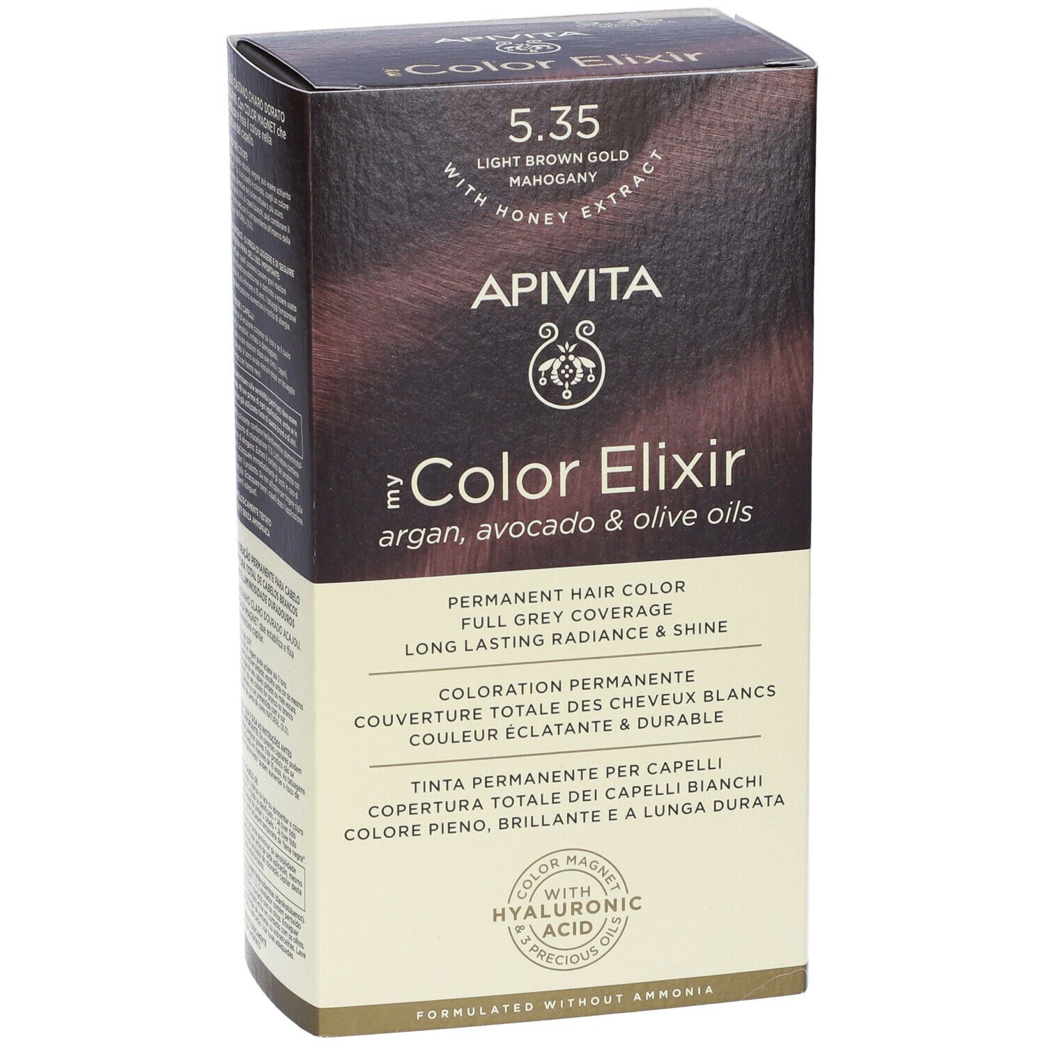 APIVITA My Color Elixir. Vista frontale della confezione. Tinta 5.35, castano chiaro dorato mogano. Colorazione permanente.