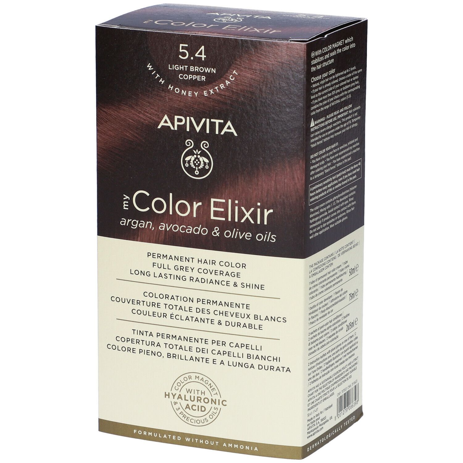 Confezione in cartone con informazioni sul prodotto. Scritta: APIVITA, Color Elixir, 5.4, castano chiaro ramato. Contiene oli di argan, avocado e oliva.