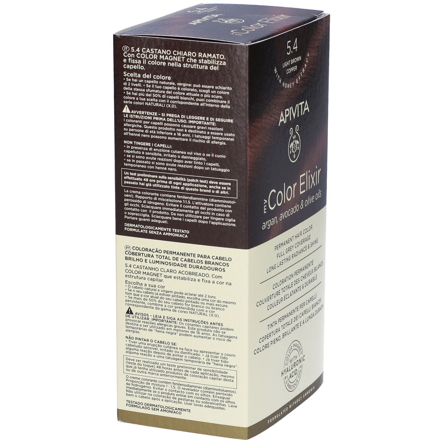 Vista laterale della confezione del prodotto. Testo: APIVITA Color Elixir, 5.4, castano chiaro ramato. Contiene informazioni sull'uso e sugli ingredienti.