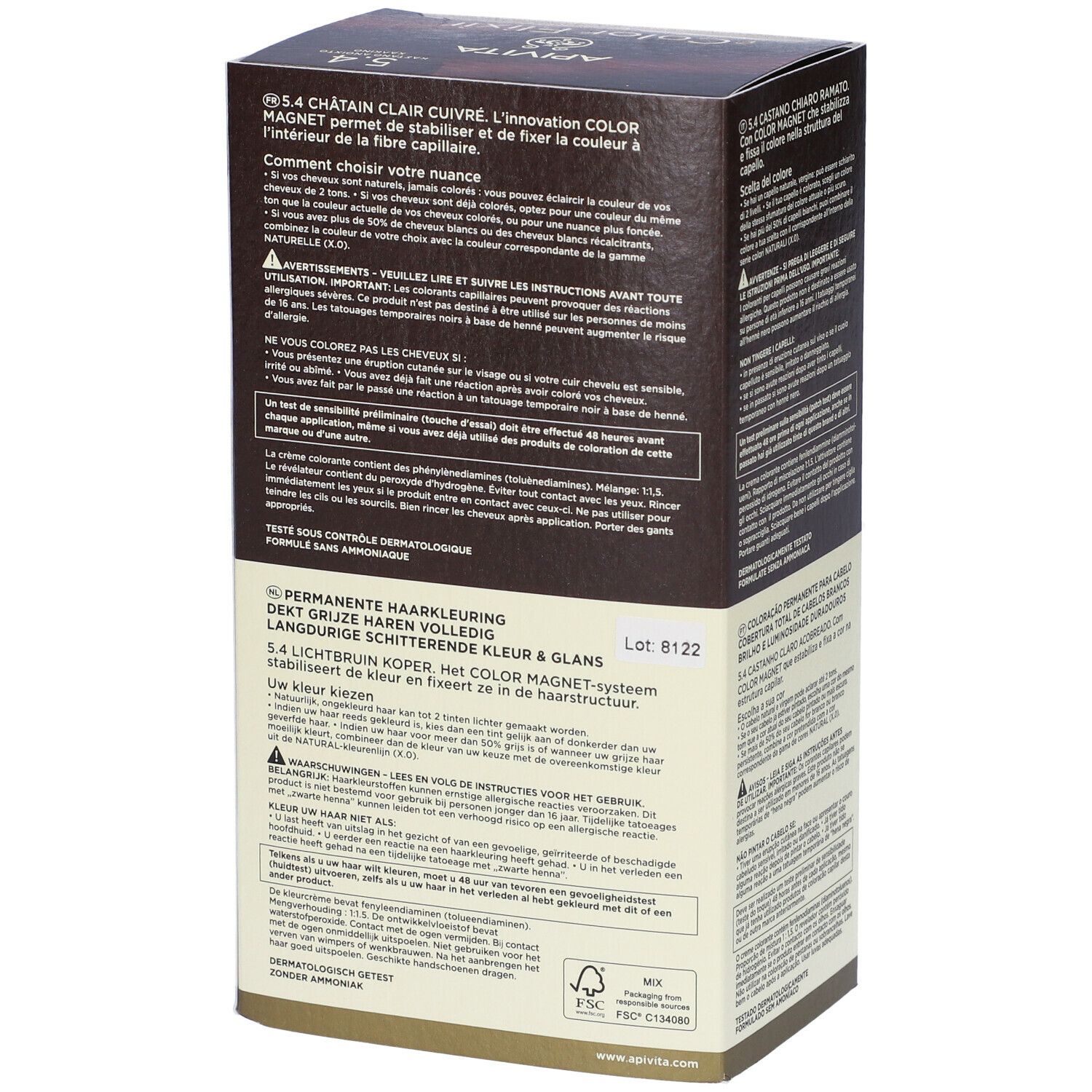 Confezione del prodotto con testo. Scritta: APIVITA Color Elixir, 5.4, castano chiaro ramato. Contiene informazioni sull'uso e sugli ingredienti.