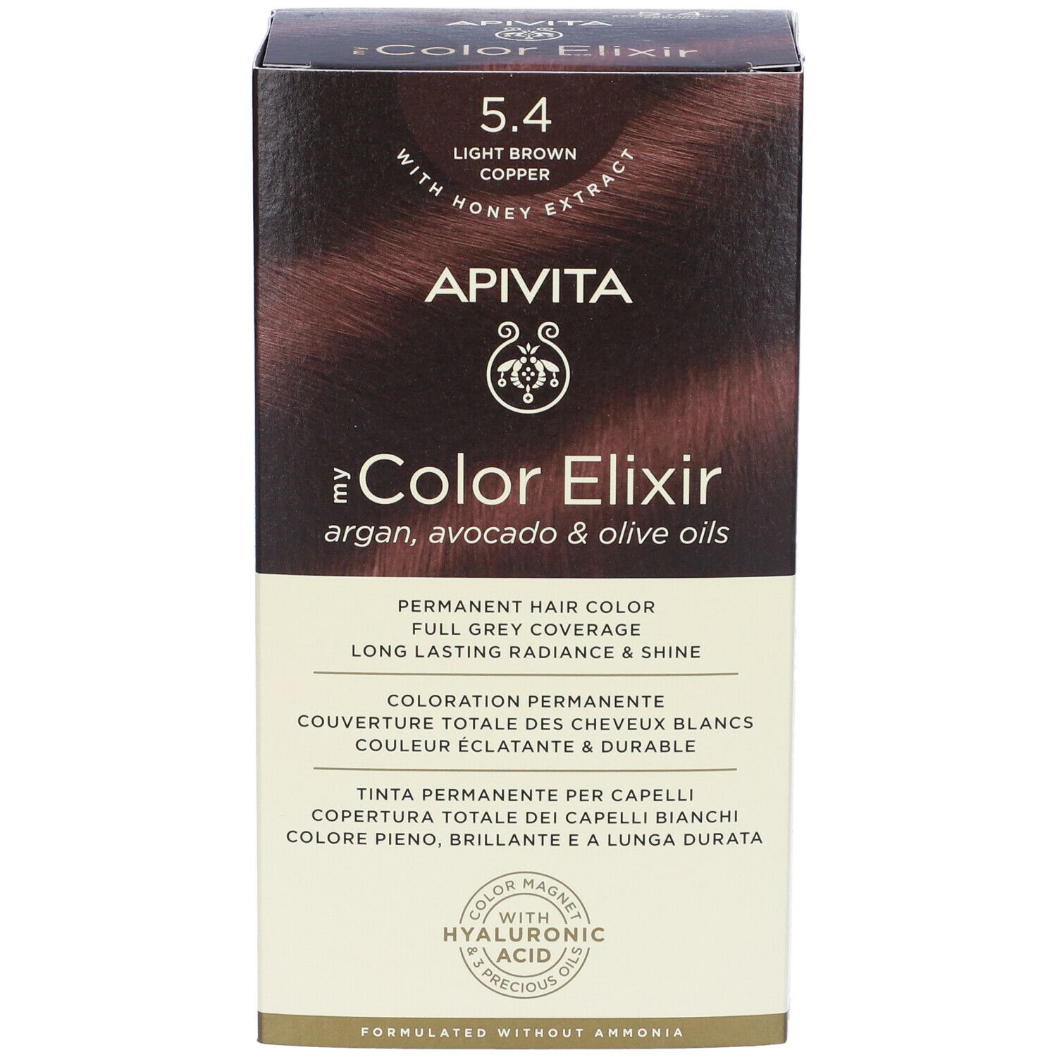 Confezione del prodotto con testo. Scritta: APIVITA Color Elixir, 5.4, castano chiaro ramato. Contiene oli di argan, avocado e oliva.