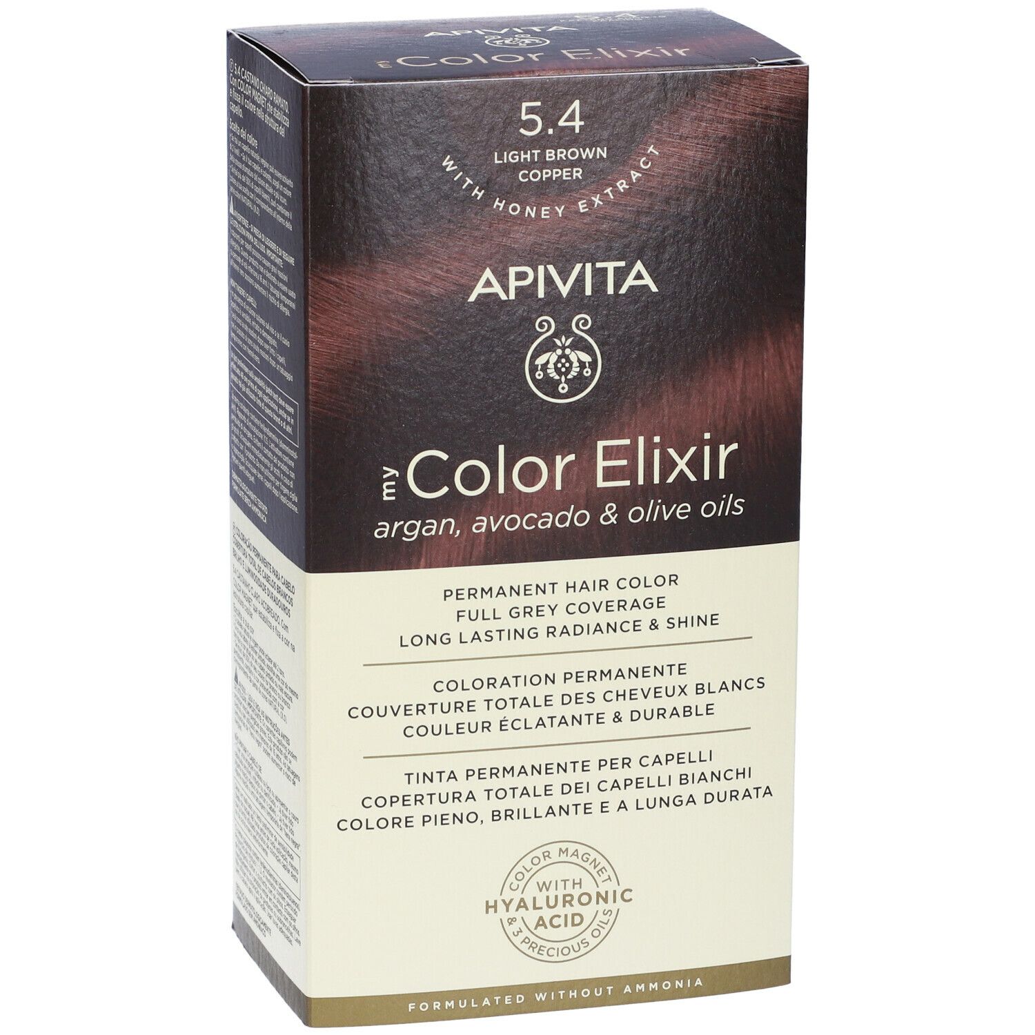 Confezione del prodotto con testo. Scritta: APIVITA Color Elixir, 5.4, castano chiaro ramato. Contiene oli di argan, avocado e oliva.
