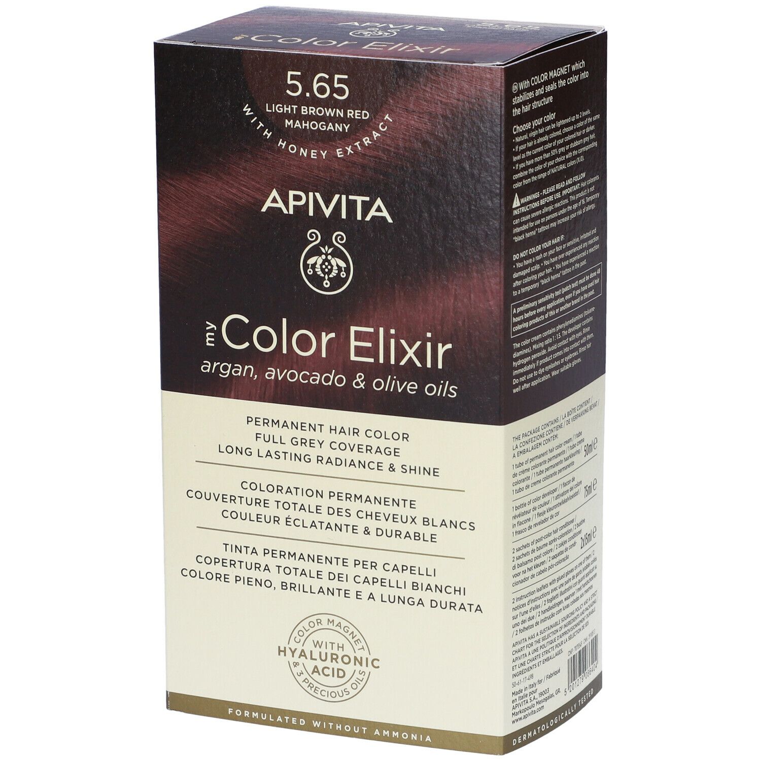 Confezione APIVITA iColor Elixir 5.65, castano chiaro rosso mogano. Testo e logo.