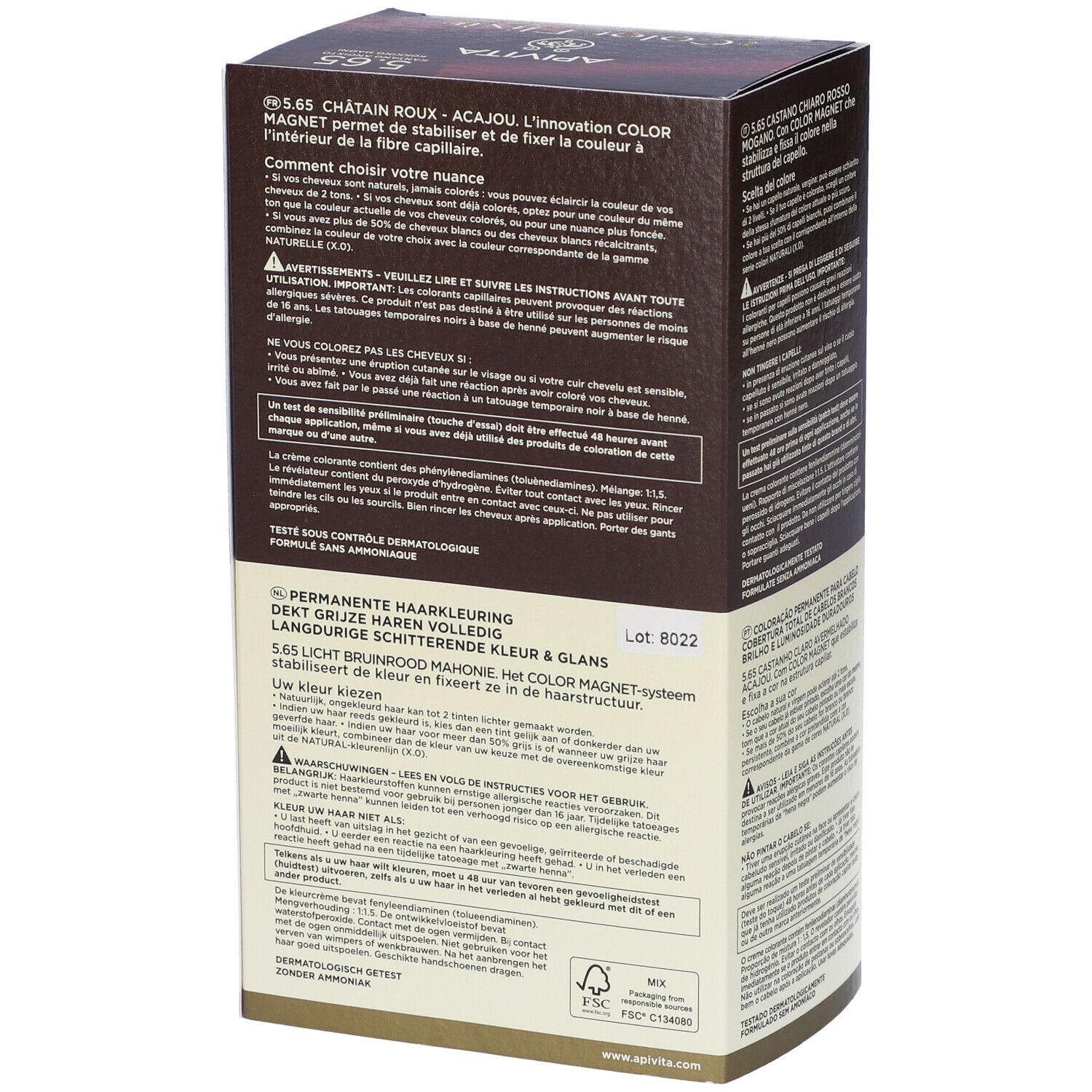 Lato confezione APIVITA iColor Elixir. Ingredienti, istruzioni e informazioni.