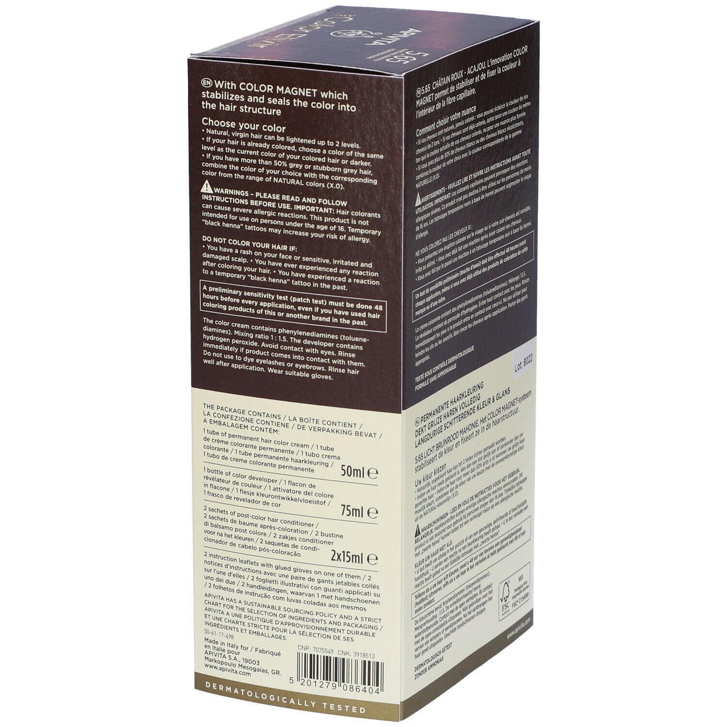 Lato confezione APIVITA iColor Elixir. Ingredienti, avvertenze e contenuto.