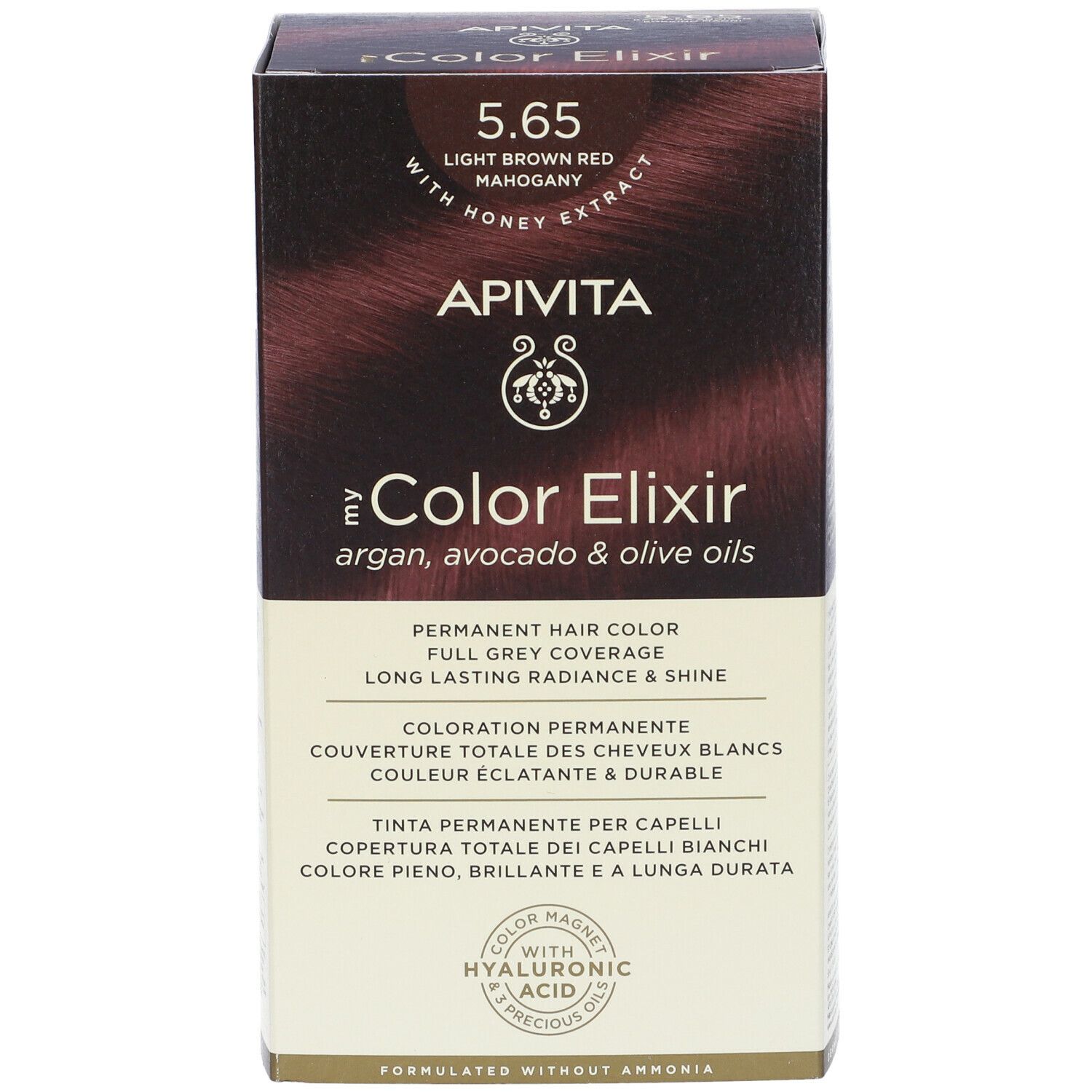 Confezione APIVITA iColor Elixir 5.65, castano chiaro rosso mogano. Testo e logo.