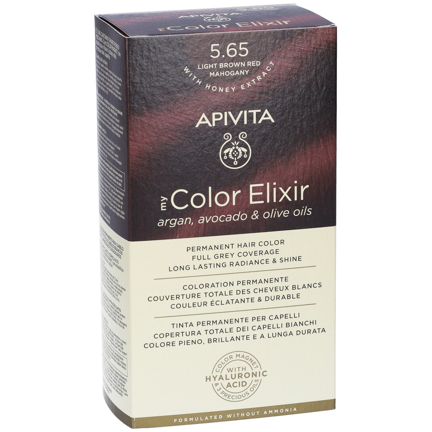 Confezione APIVITA iColor Elixir 5.65, castano chiaro rosso mogano. Testo e logo.