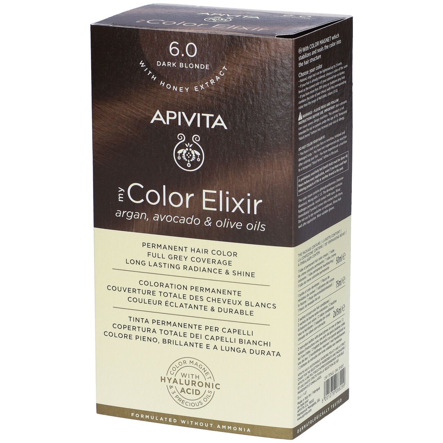 Confezione di tinta per capelli biondo scuro APIVITA. Contiene oli di argan, avocado e oliva. Copertura totale dei capelli bianchi.