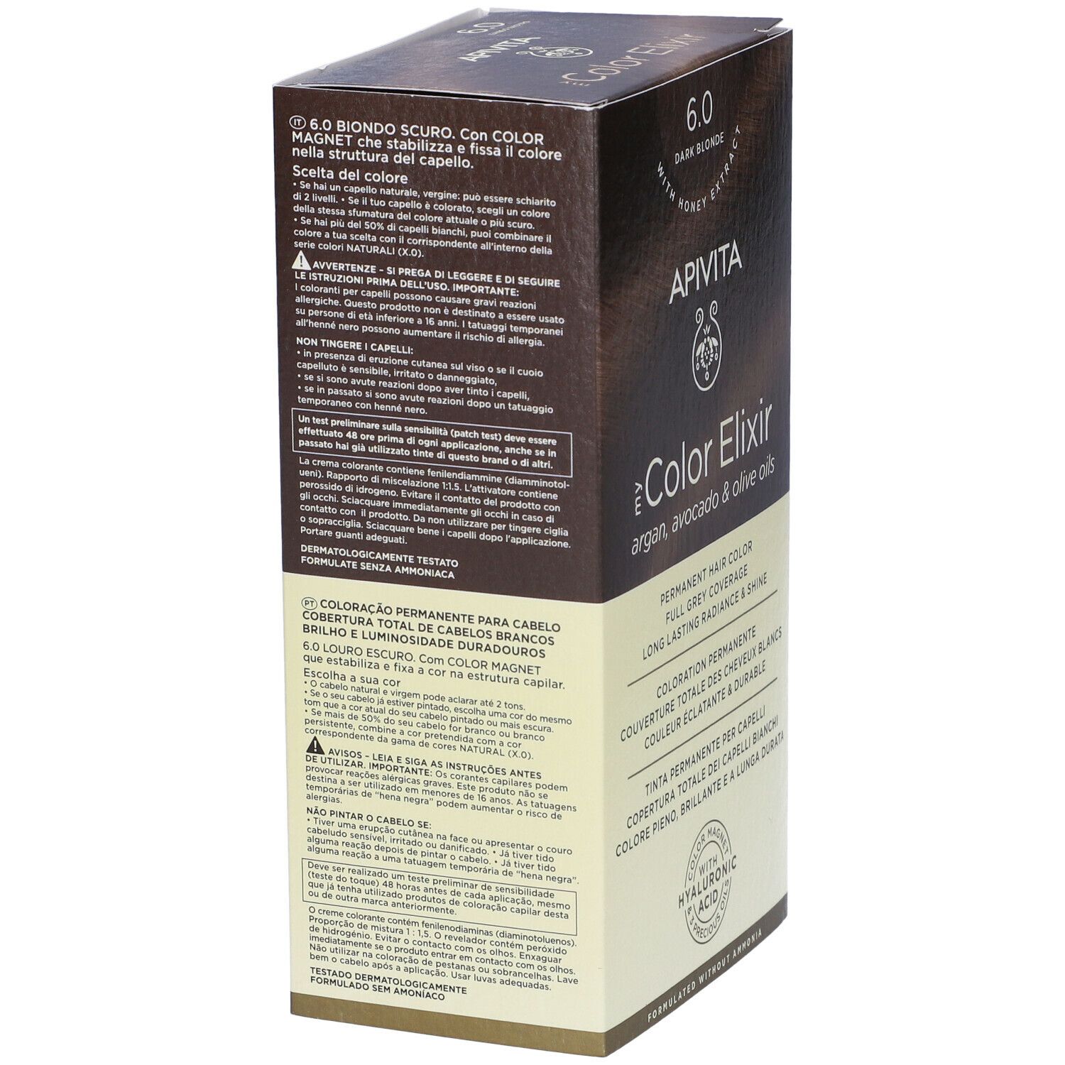 Retro della confezione di tinta per capelli. Informazioni multilingue sul prodotto. Marca: APIVITA. Copertura dei capelli bianchi.