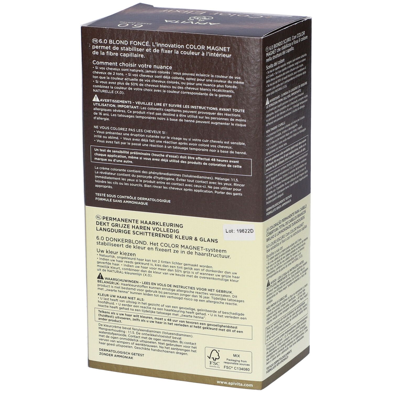 Retro della confezione di tinta per capelli. Informazioni e istruzioni. Marca: APIVITA. Certificazione FSC.