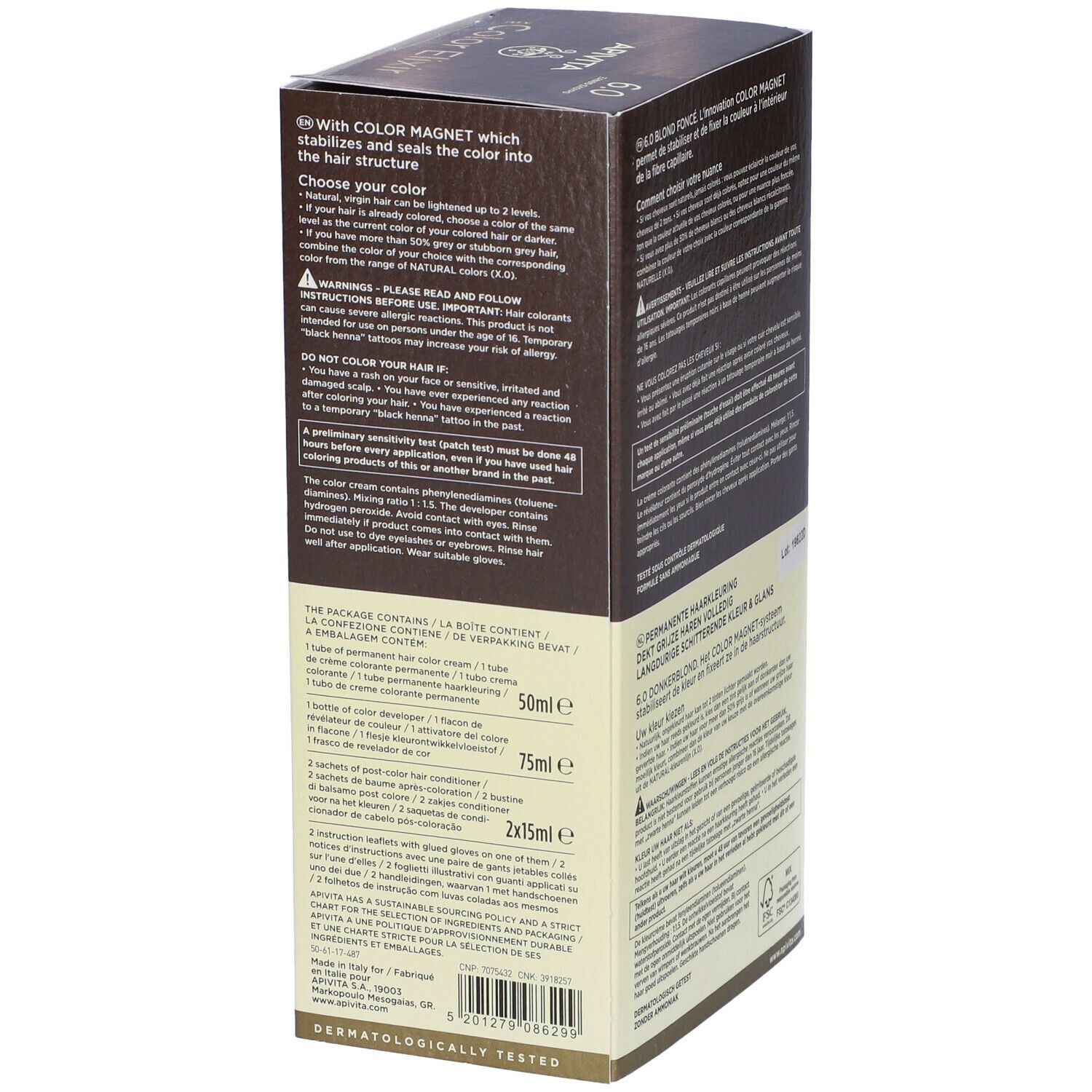 Vista laterale della confezione di tinta per capelli. Contiene diversi componenti. Marca: APIVITA. Dermatologicamente testato.