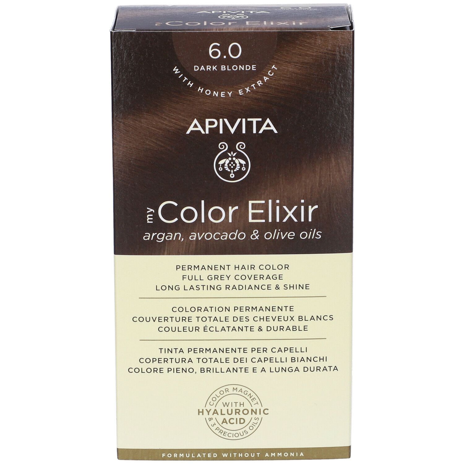 Confezione di tinta per capelli biondo scuro APIVITA. Contiene oli di argan, avocado e oliva. Copertura totale dei capelli bianchi.