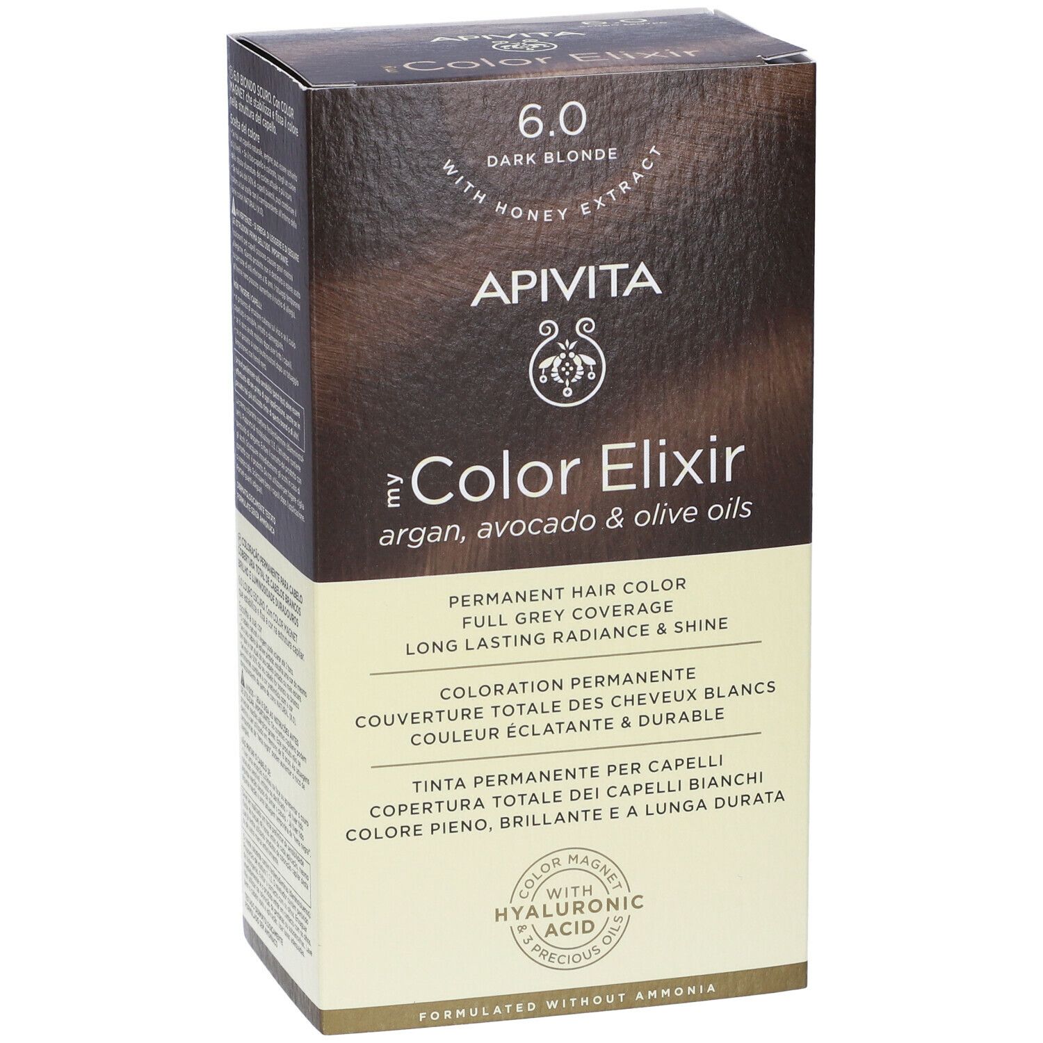 Confezione di tinta per capelli biondo scuro APIVITA. Contiene oli di argan, avocado e oliva. Copertura totale dei capelli bianchi.