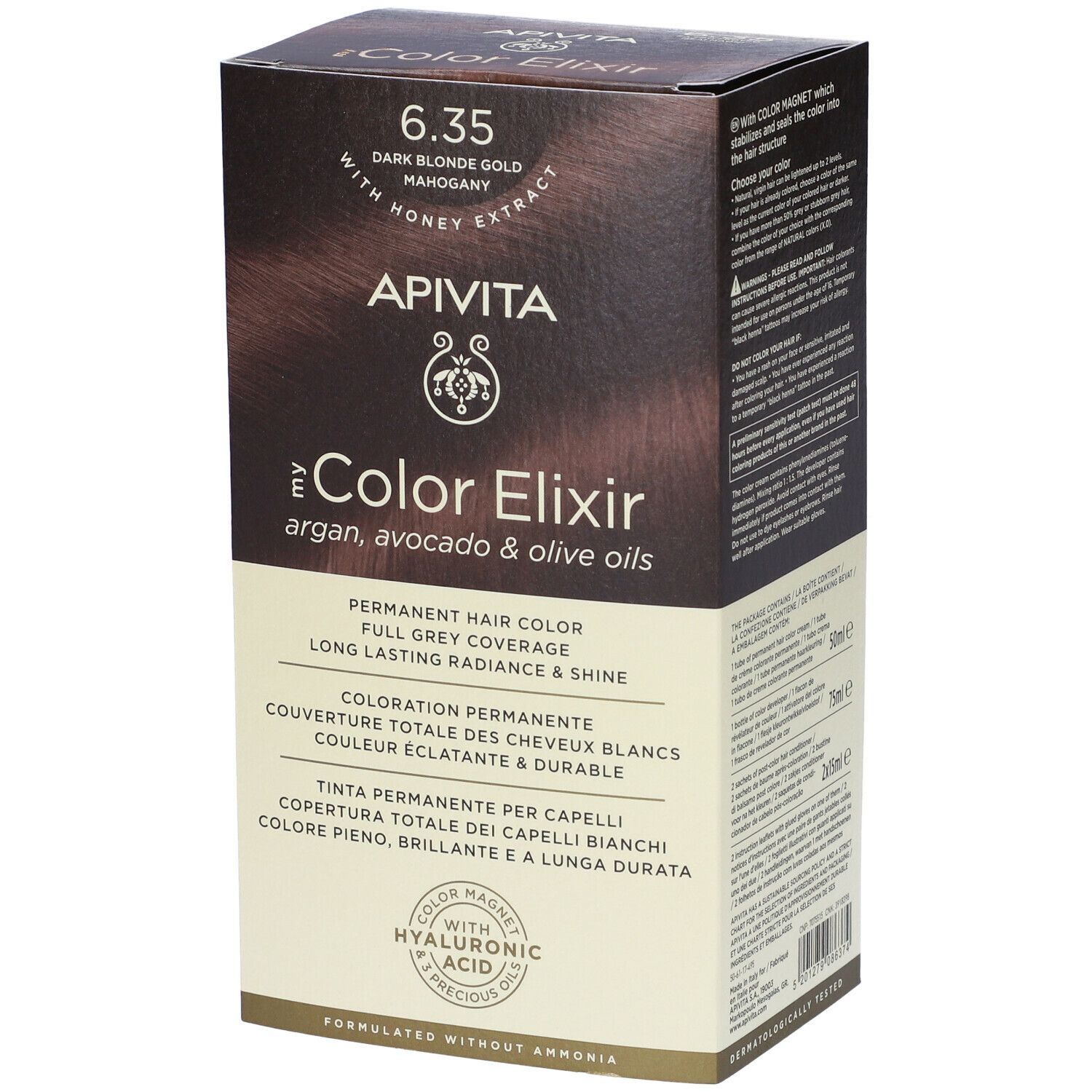 Scatola di tinta per capelli APIVITA e Color Elixir 6.35 Biondo Scuro Dorato Mogano. Contiene informazioni sul prodotto.