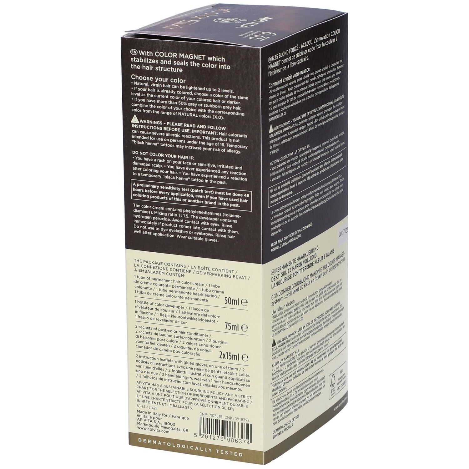 Lato della scatola di tinta per capelli. Testo multilingue. Nome del prodotto: APIVITA e Color Elixir.