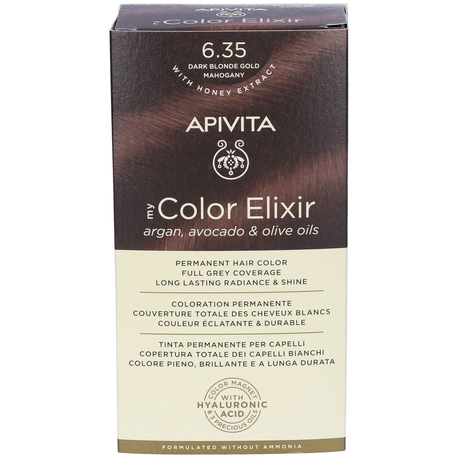 Vista frontale della scatola di tinta per capelli. Nome del prodotto: APIVITA e Color Elixir. Tonalità: 6.35 Dark Blonde Gold Mahogany.