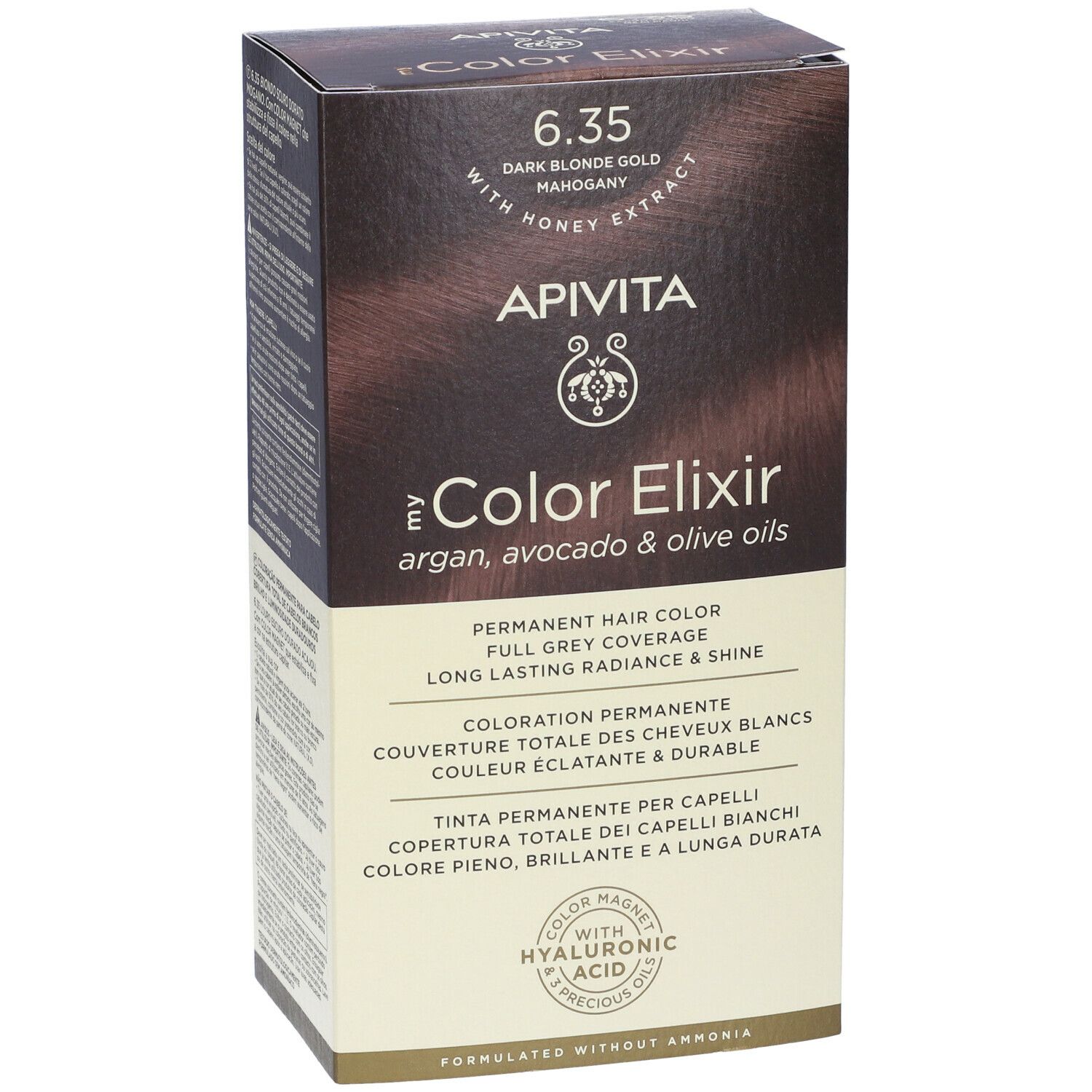 Vista frontale della scatola di tinta per capelli. Nome del prodotto: APIVITA e Color Elixir. Tonalità: 6.35 Dark Blonde Gold Mahogany.