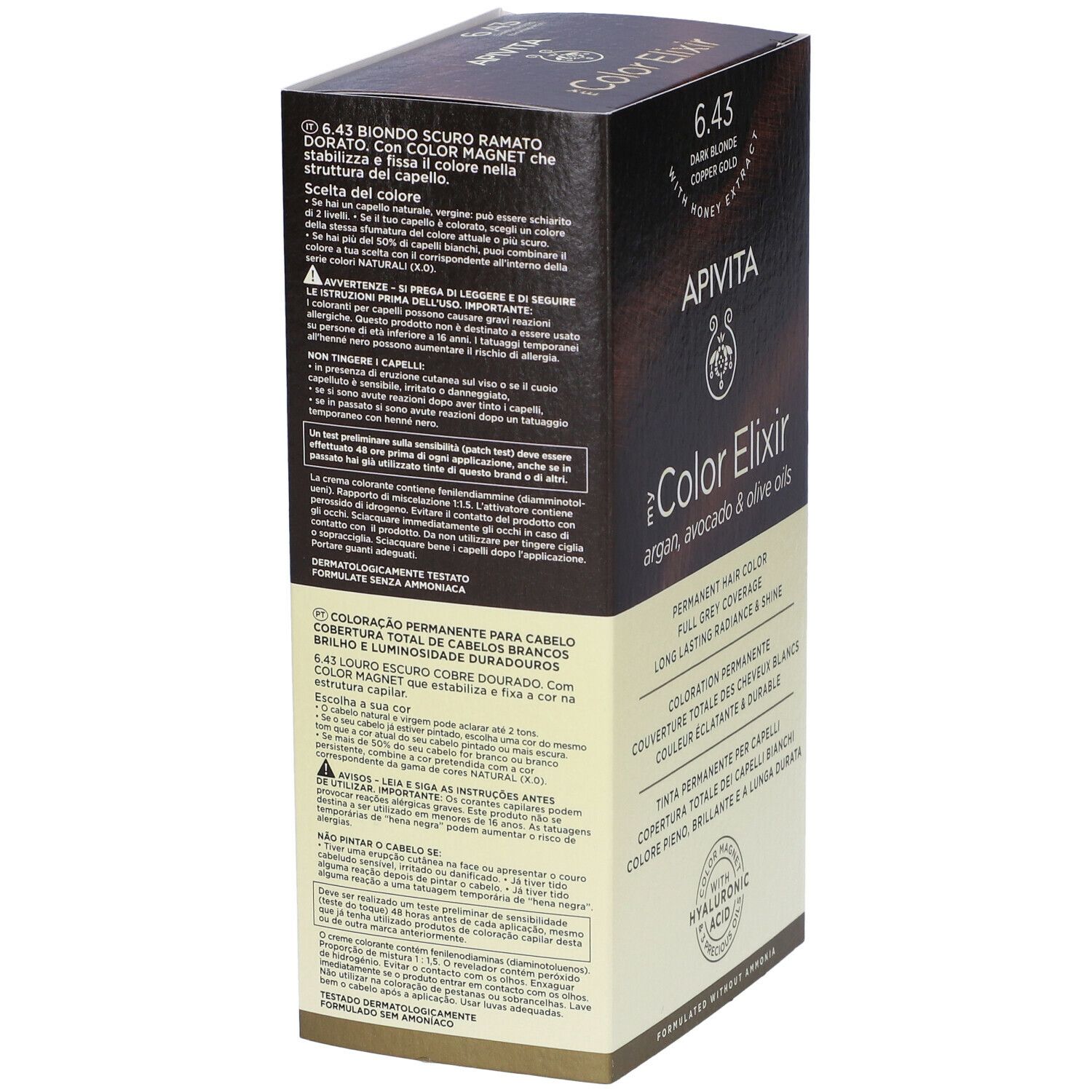 Vista laterale della confezione di tinta per capelli APIVITA My Color Elixir 6.43. Informazioni sull'uso e sugli ingredienti. Dermatologicamente testato.