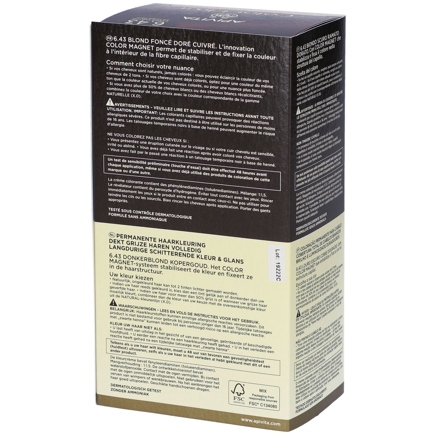 Retro della confezione di tinta per capelli. Informazioni sull'uso e sugli ingredienti. APIVITA, 6.43, Biondo scuro ramato dorato. Dermatologicamente testato.