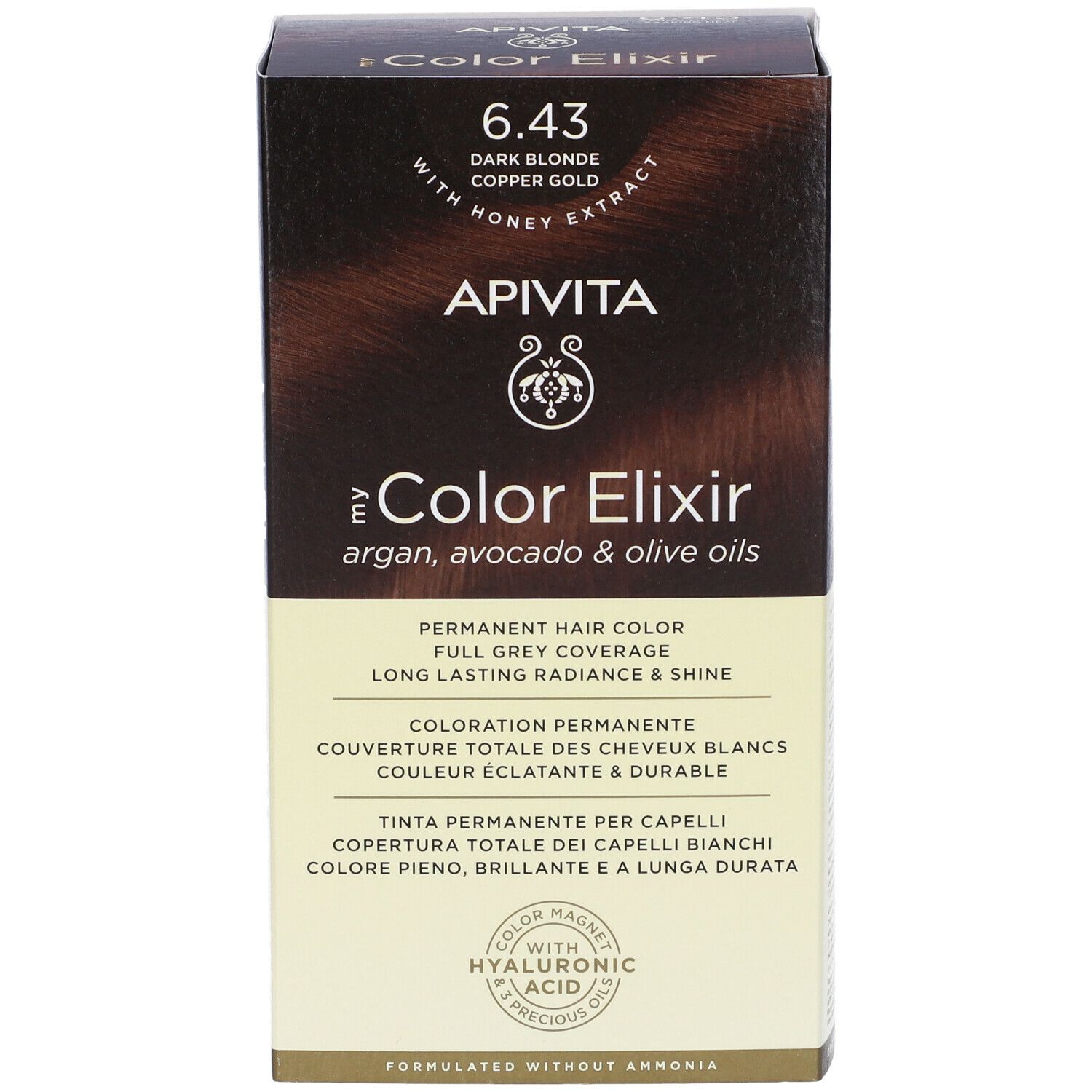 Confezione di tinta per capelli APIVITA My Color Elixir 6.43. Contiene oli di argan, avocado e oliva. Copertura totale dei capelli bianchi.