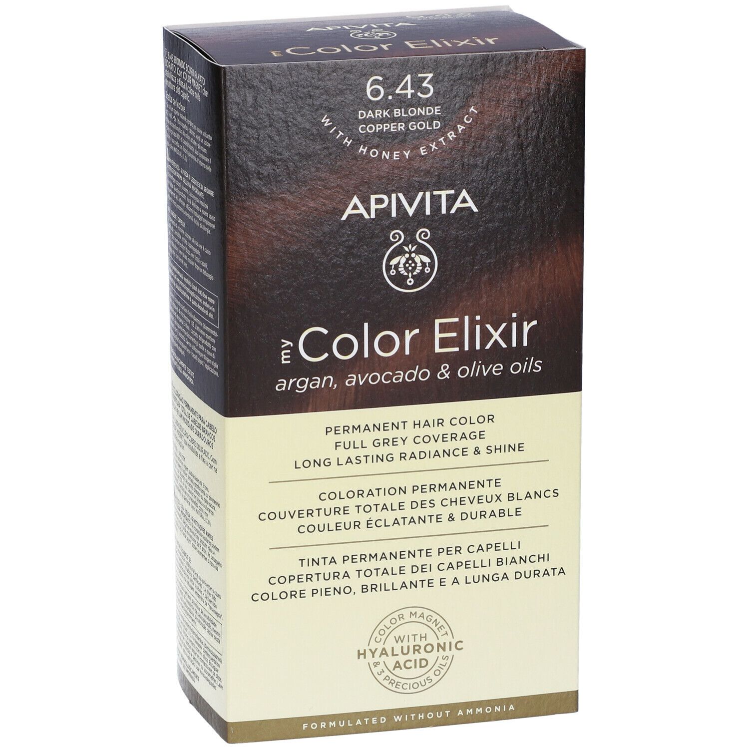 Confezione di tinta per capelli APIVITA My Color Elixir 6.43. Contiene oli di argan, avocado e oliva. Copertura totale dei capelli bianchi.