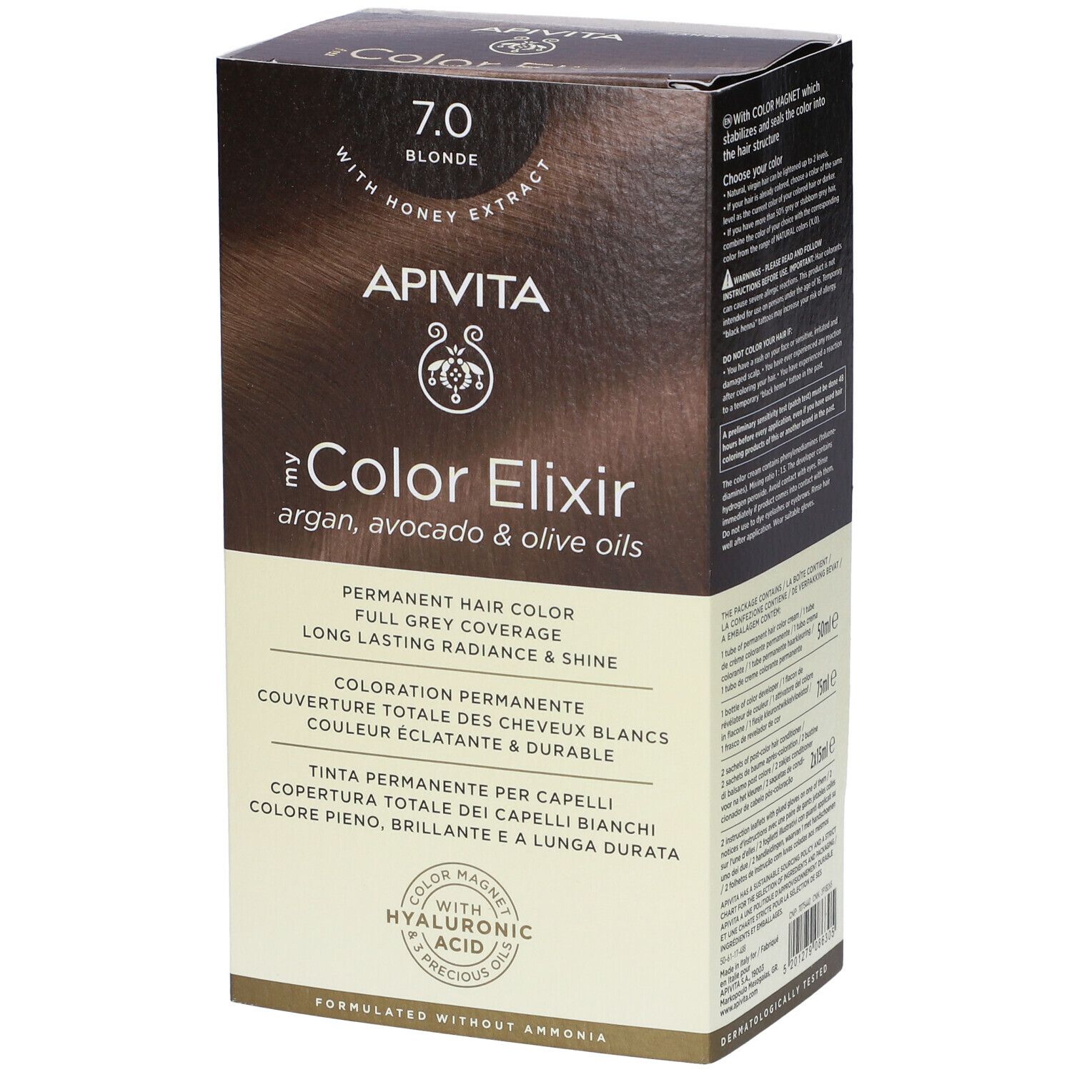 Confezione APIVITA My Color Elixir 7.0 Biondo. Scritta: 7.0 Biondo, con estratto di miele. Colore permanente per capelli.