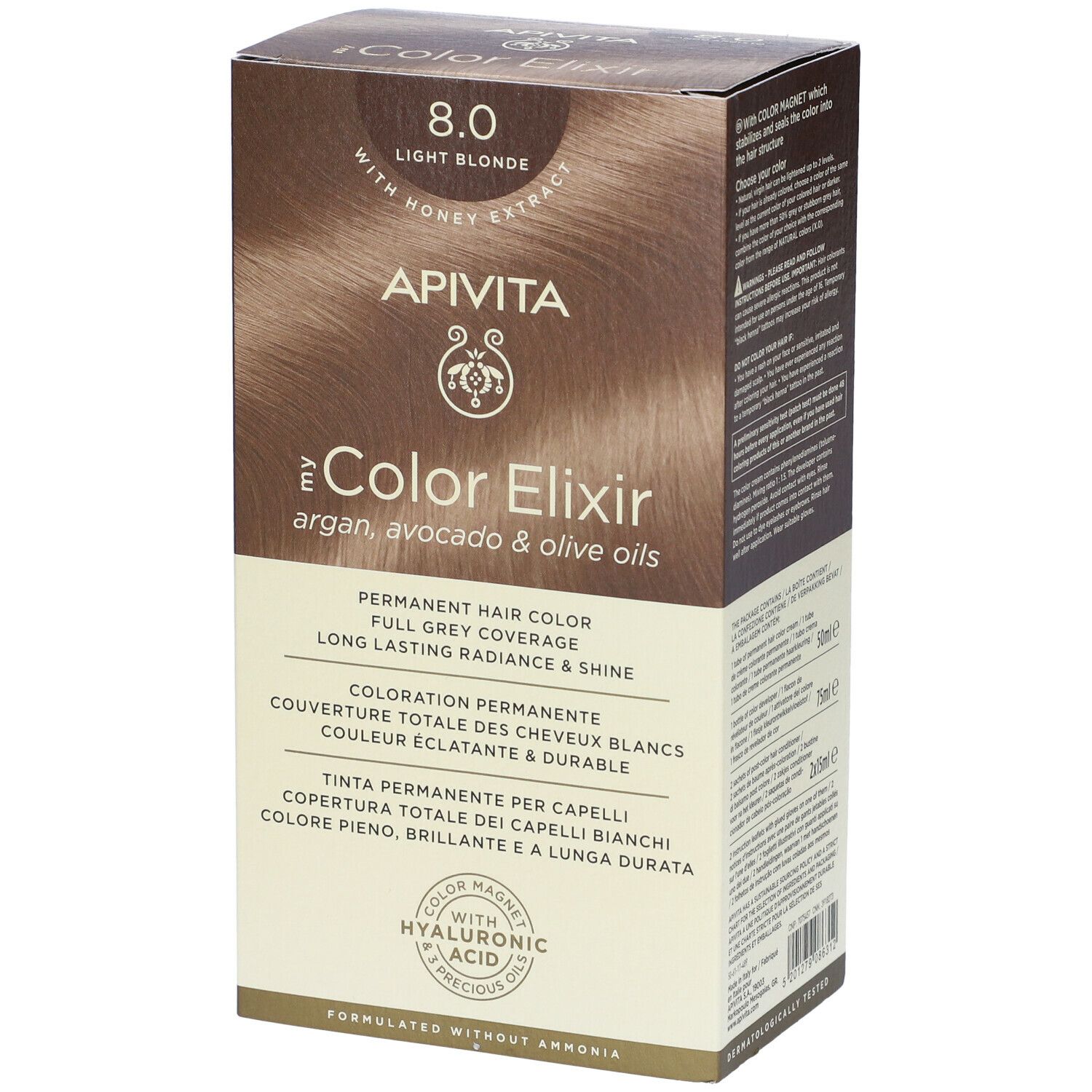 APIVITA My Color Elixir 8.0 Biondo Chiaro. Confezione con informazioni sul prodotto. Scritta: 8.0 Light Blonde, Color Elixir, colorazione permanente.