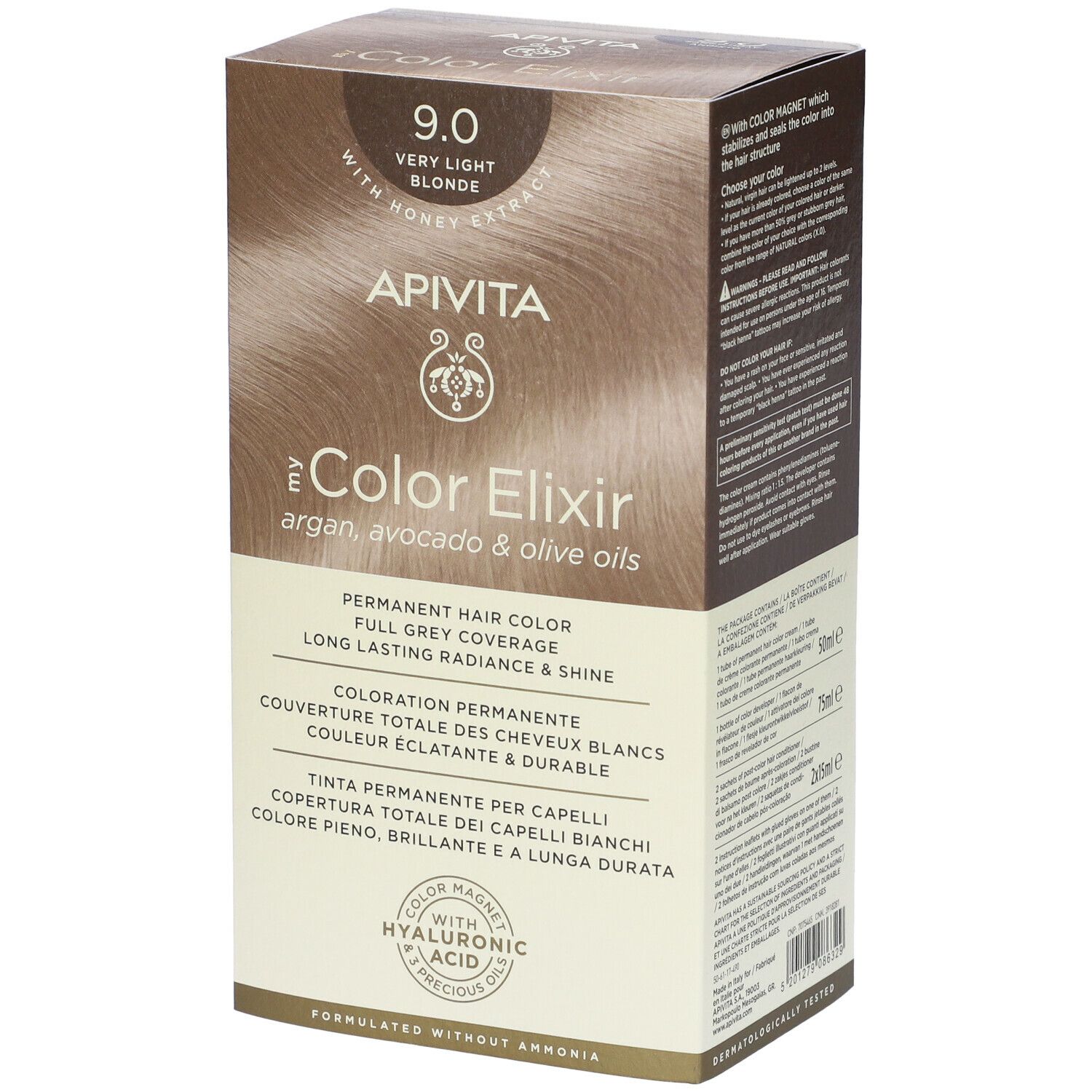 Confezione di tinta per capelli. APIVITA My Color Elixir 9.0 Biondo Chiarissimo. Con estratti di miele. Tinta permanente.