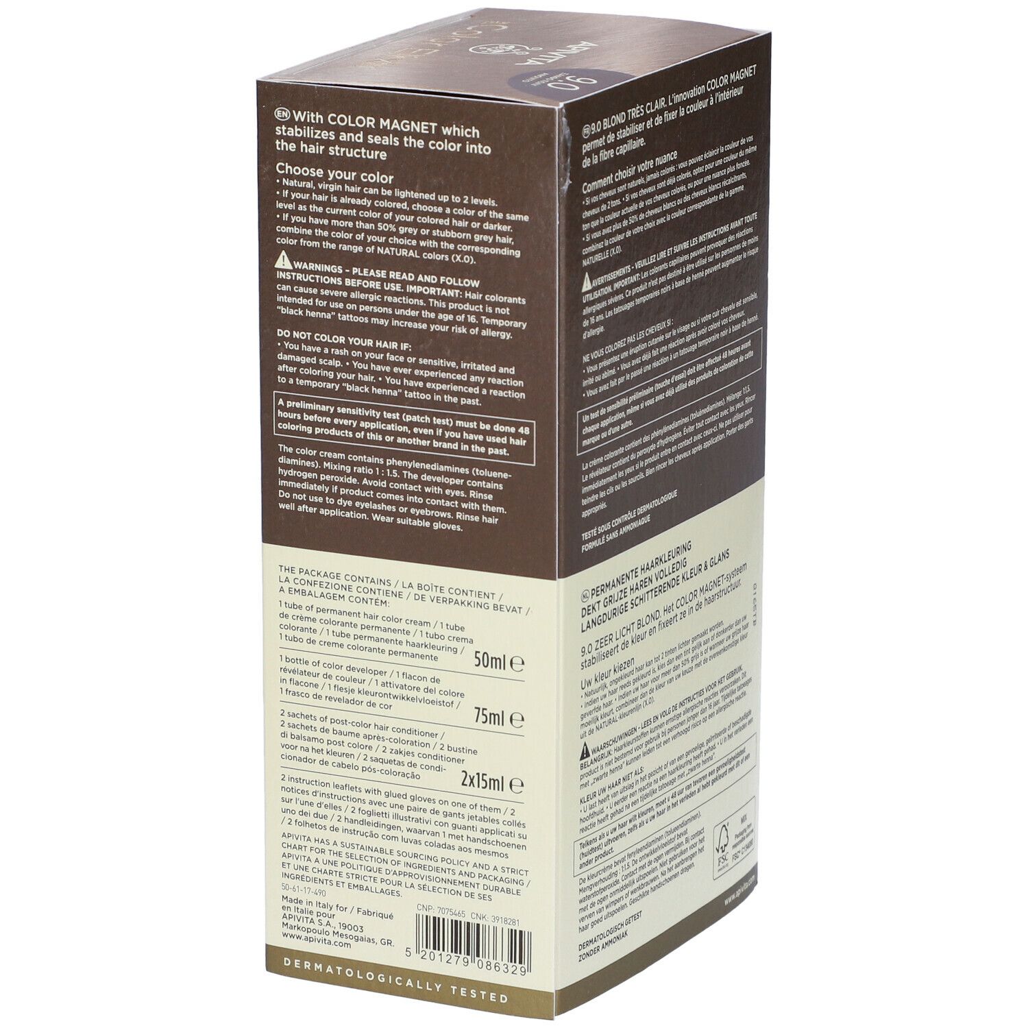Lato della confezione di tinta per capelli. Testo multilingue. APIVITA My Color Elixir 9.0 Biondo Chiarissimo. Contenuto.