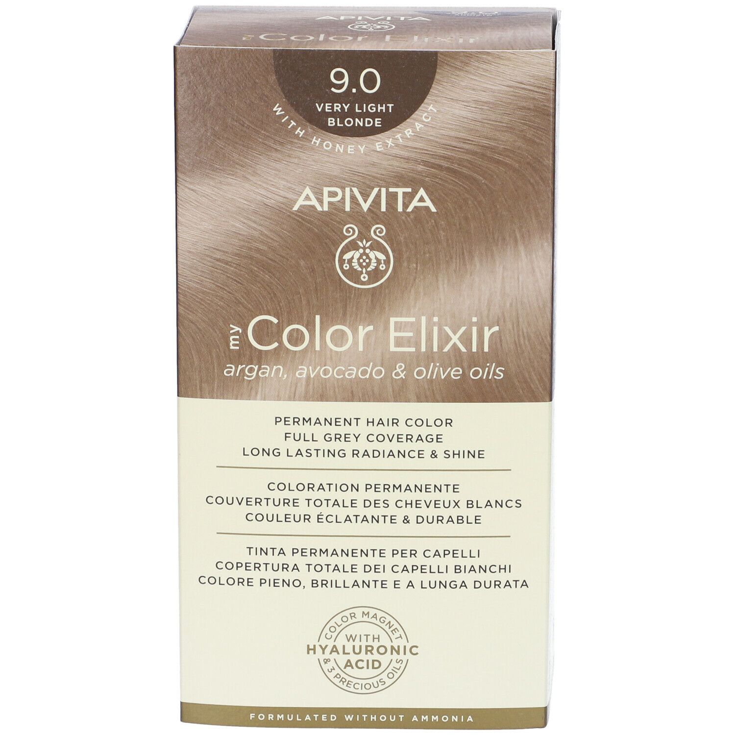Fronte della confezione di tinta per capelli. APIVITA My Color Elixir 9.0 Biondo Chiarissimo. Con estratti di miele. Tinta permanente.