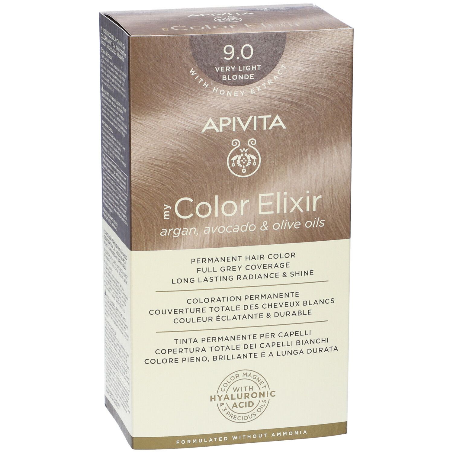 Fronte della confezione di tinta per capelli. APIVITA My Color Elixir 9.0 Biondo Chiarissimo. Con estratti di miele. Tinta permanente.
