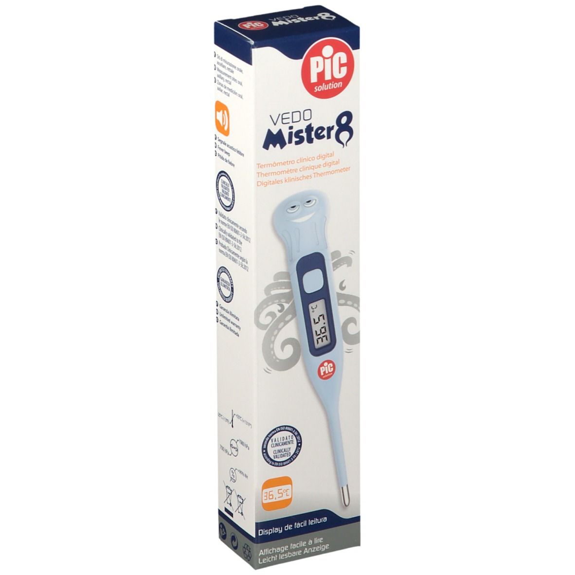 Termometro digitale in confezione. Display: 36,5°C. Marchio: Pic Vedo Mister 8. Blu, schermo.