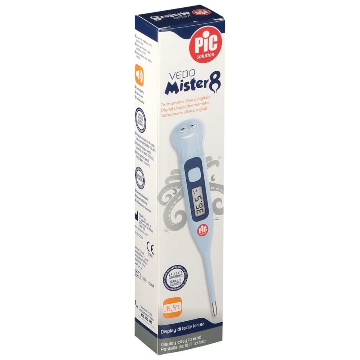 Termometro digitale in confezione. Display: 36,5°C. Marchio: Pic Vedo Mister 8. Blu, schermo.