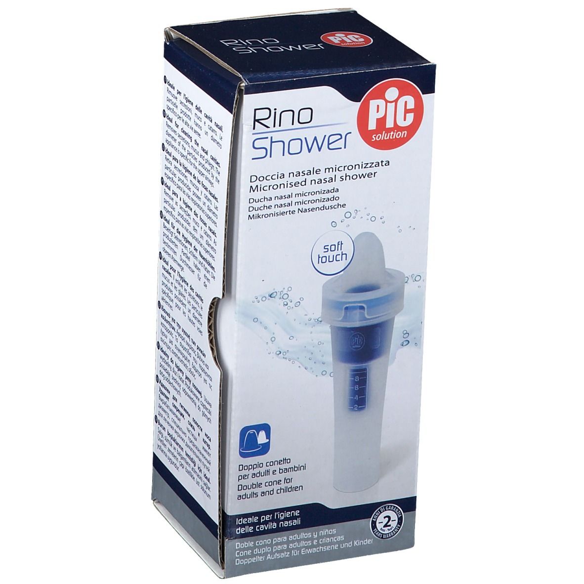 Confezione di Pic Rino Shower. Scritto: Doccia nasale micronizzata. Include un doppio cono per adulti e bambini.
