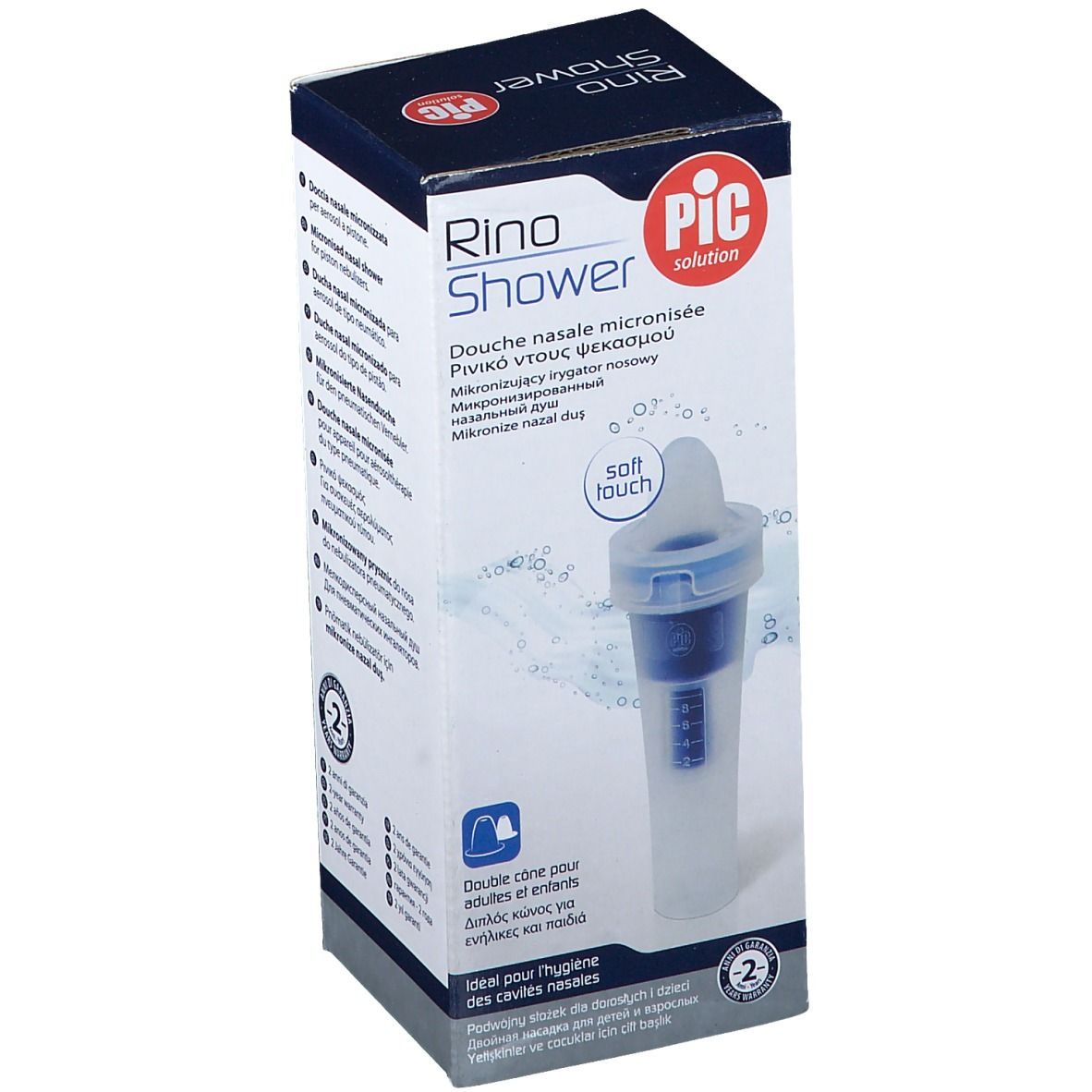 Confezione di Pic Rino Shower. Scritto: Doccia nasale micronizzata. Include un doppio cono per adulti e bambini.