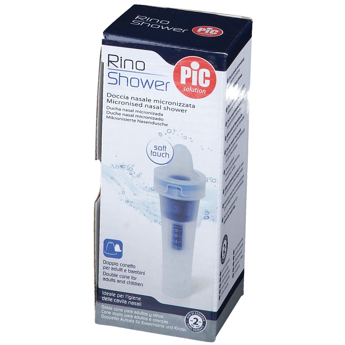 Confezione di Pic Rino Shower. Scritto: Doccia nasale micronizzata. Include un doppio cono per adulti e bambini.